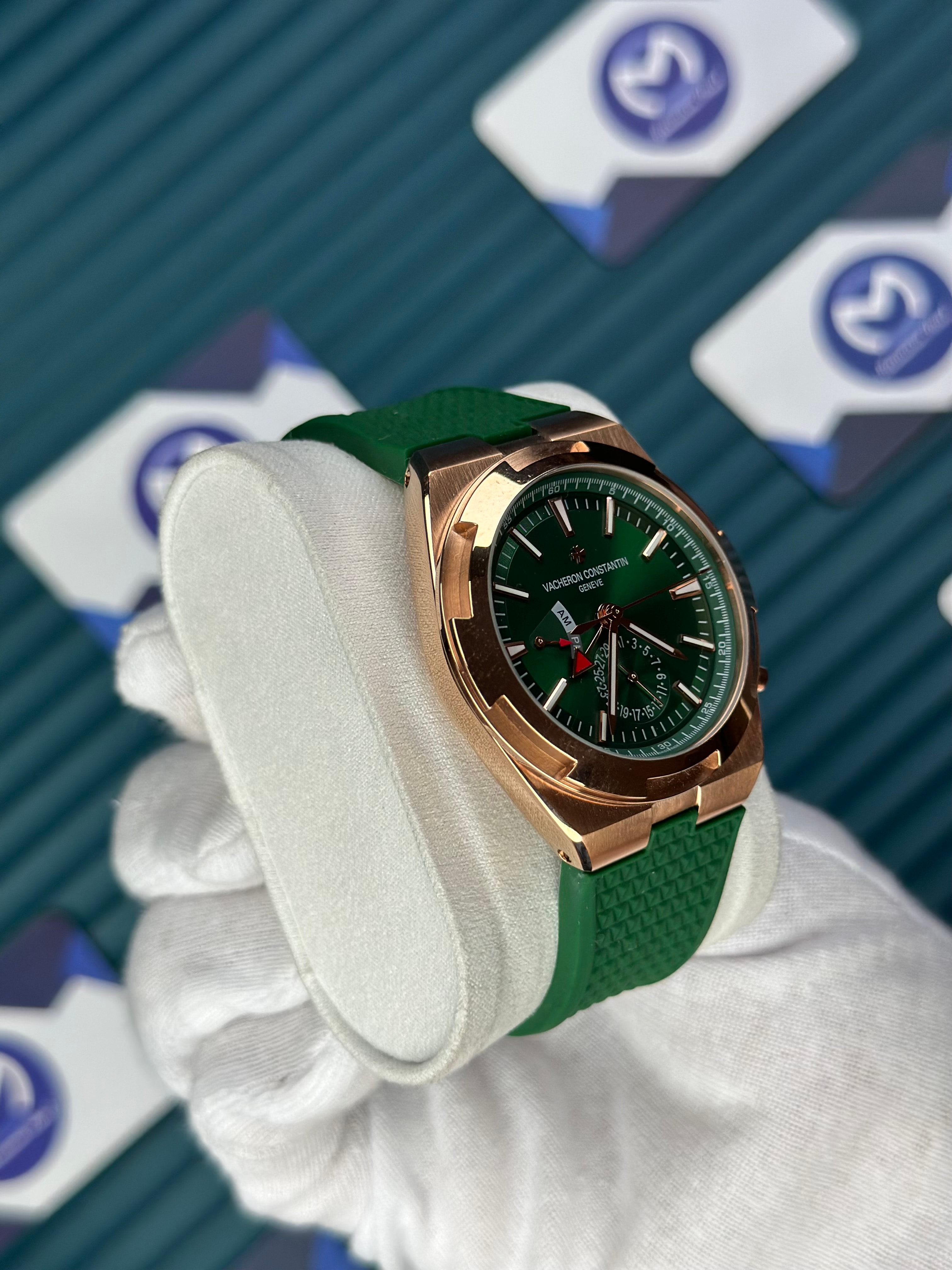 VACHERON CONSTANTIN GREEN DIAL ROSE CASE DUAL TIME OVERSEAS GREEN RUBBER