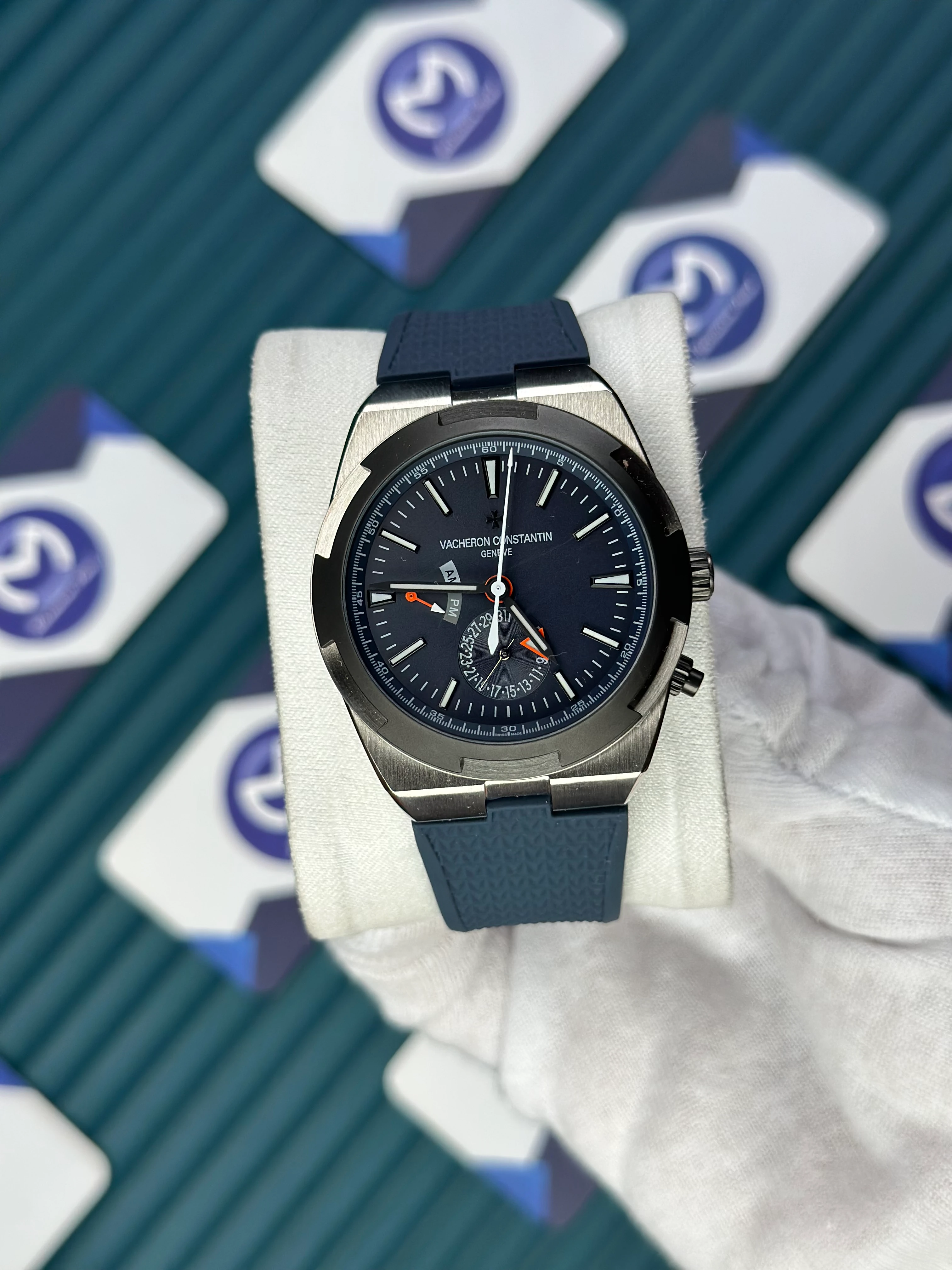 VACHERON CONSTANTIN BLUE DIAL SILVER CASE BLACK BEZEL DUAL TIME NAVY BLUE RUBBER 