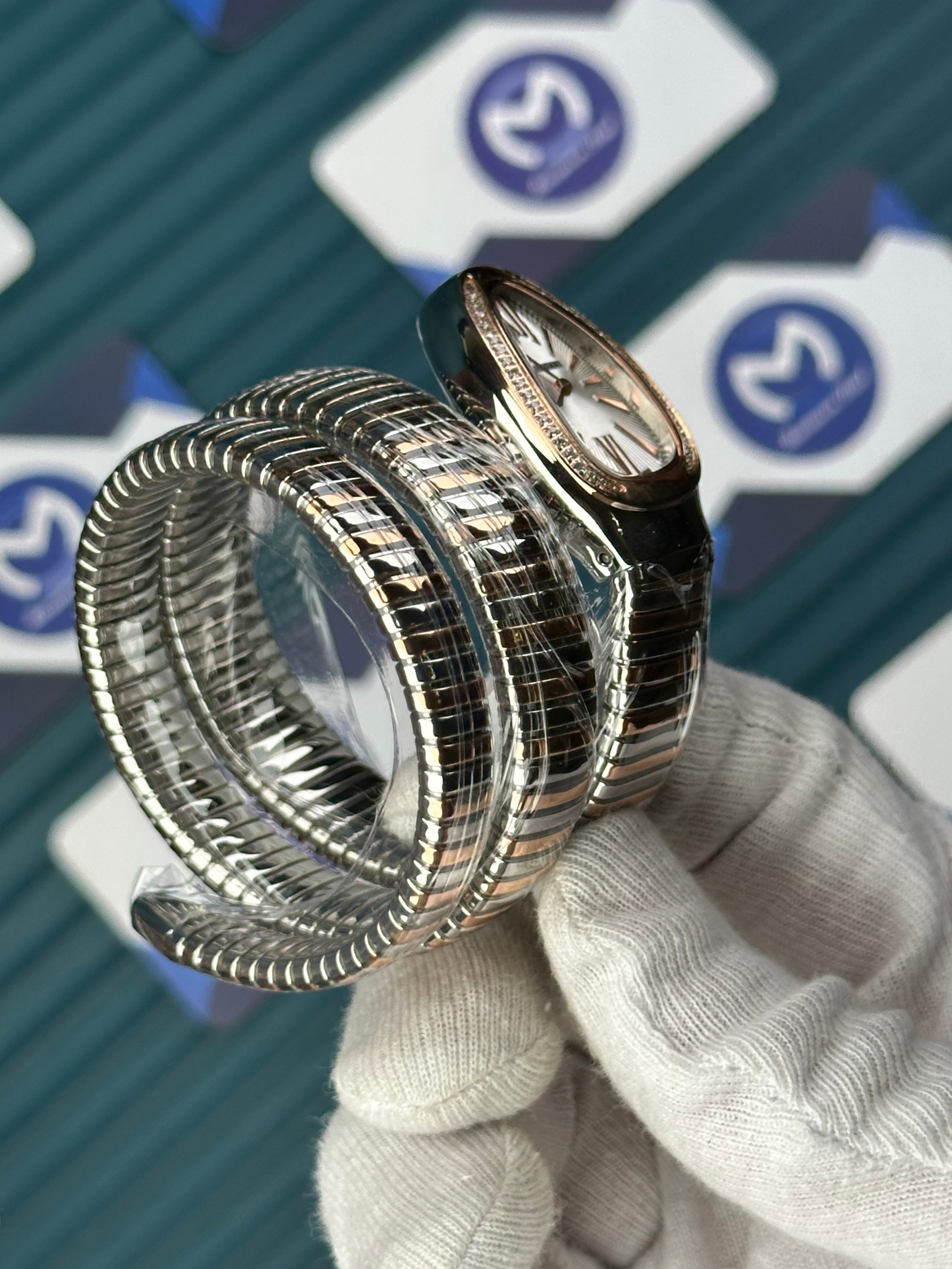 BVLGARI SERPENTI WHITE DIAL DIAMOND BEZEL ROSE-SILVER LONG TUBOGAS