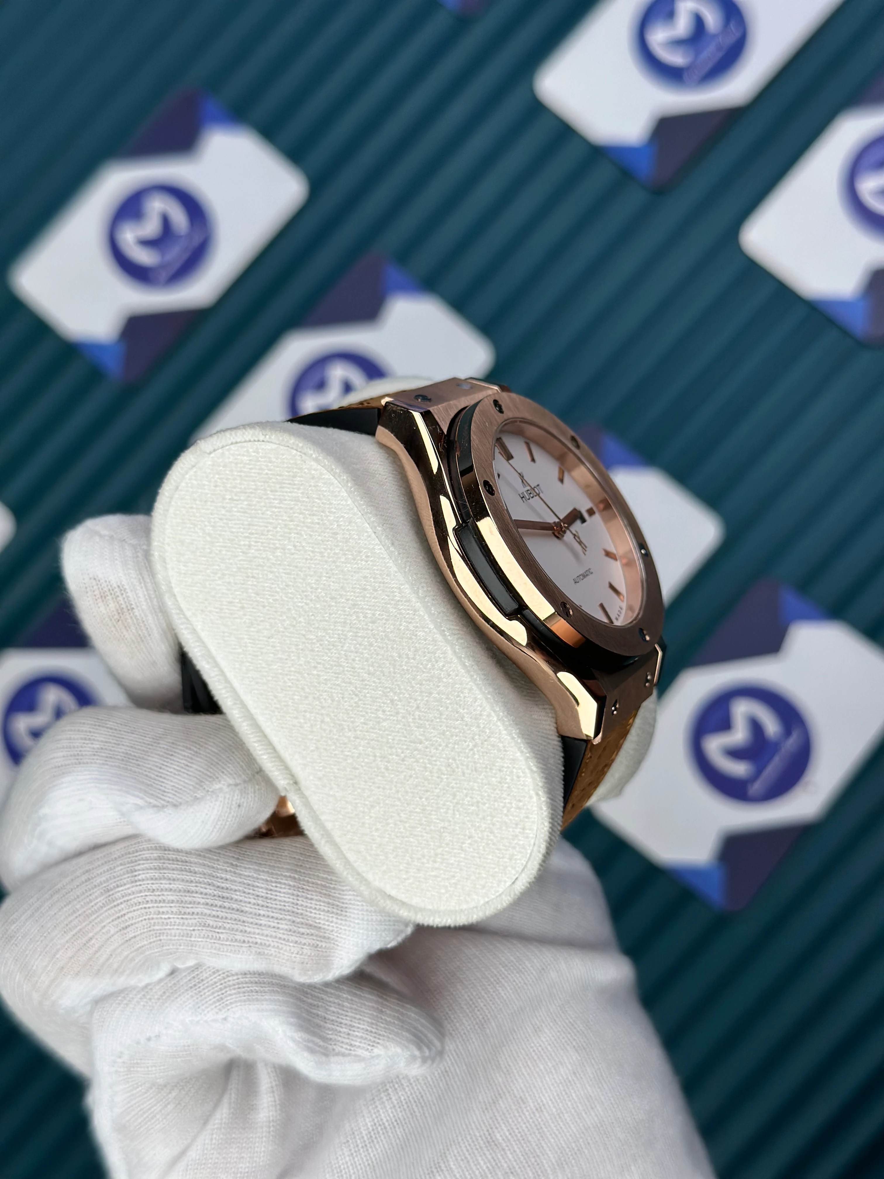 HUBLOT GENEVE AUTOMATIC VENDOME WHITE DIAL ROSE CASE BROWNT LEATHER CORD