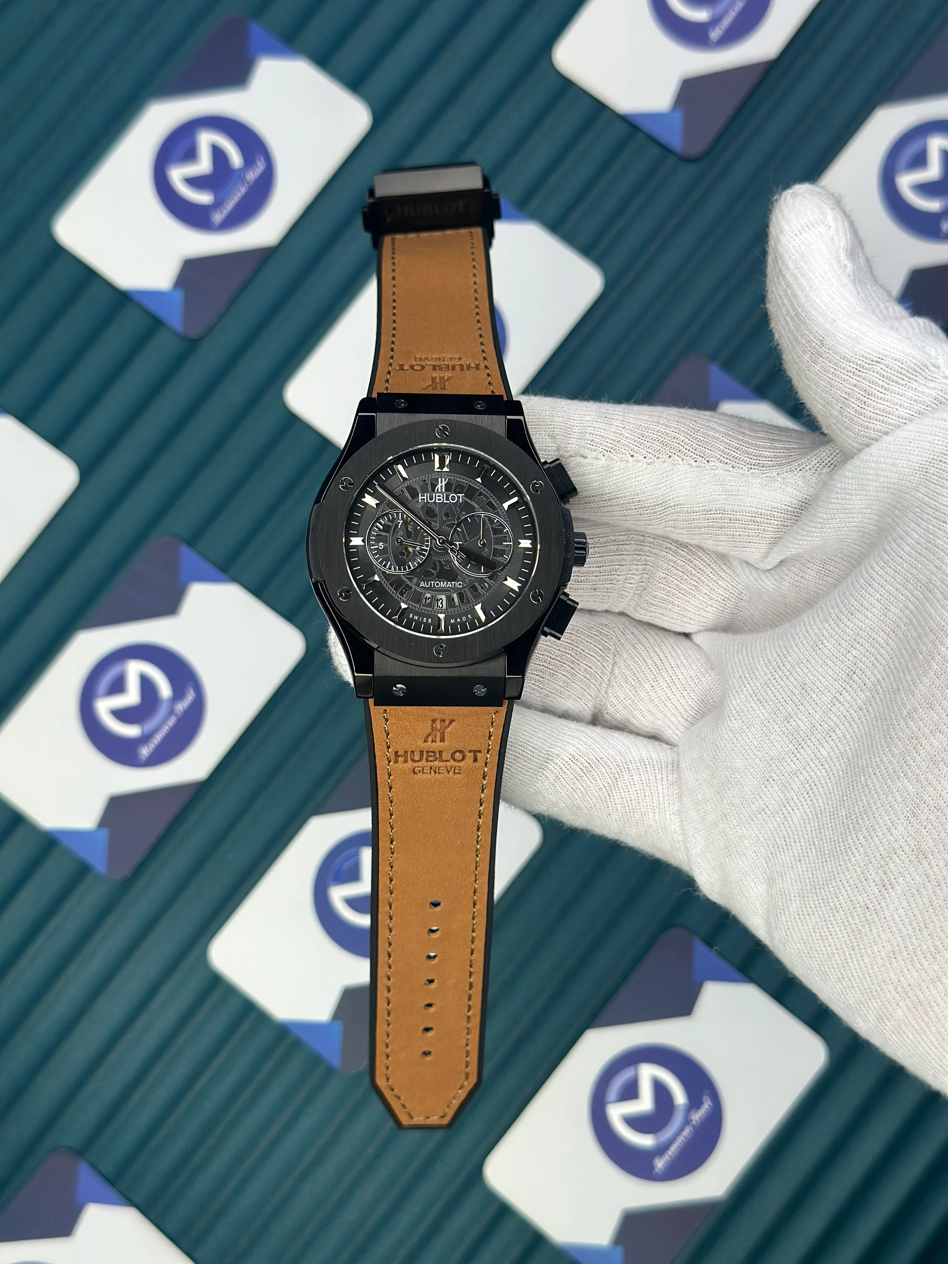 HUBLOT AUTOMATIC CLASSIC FUSHION VENDOME BLACK CASE SKELETON DIAL BROWN LEATHER CORD 