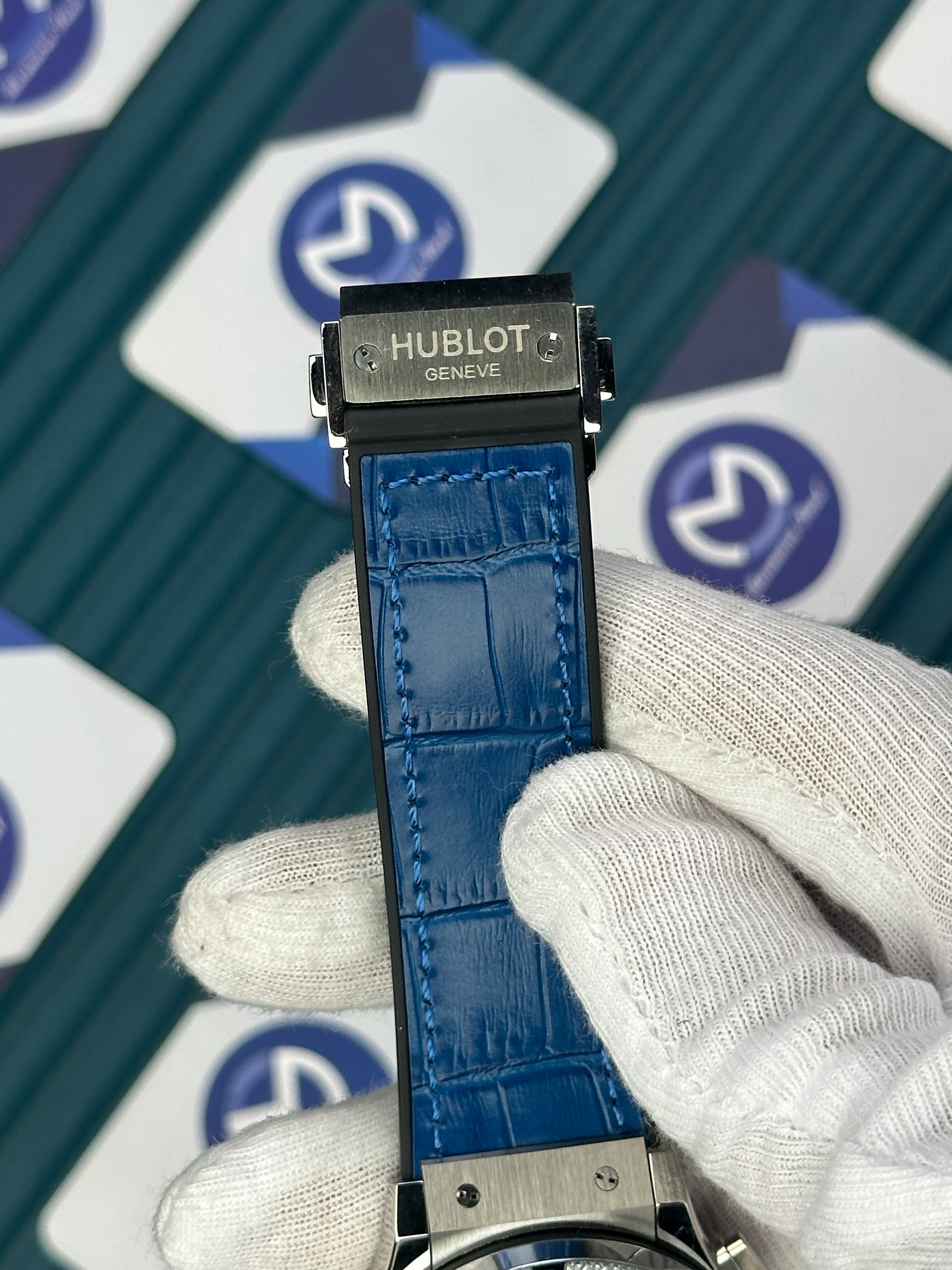 HUBLOT AUTOMATIC BLUE CHRONOGRAPH DIAL DIAMOND BEZEL SILVER CASE BLUE LEATHER CORD 