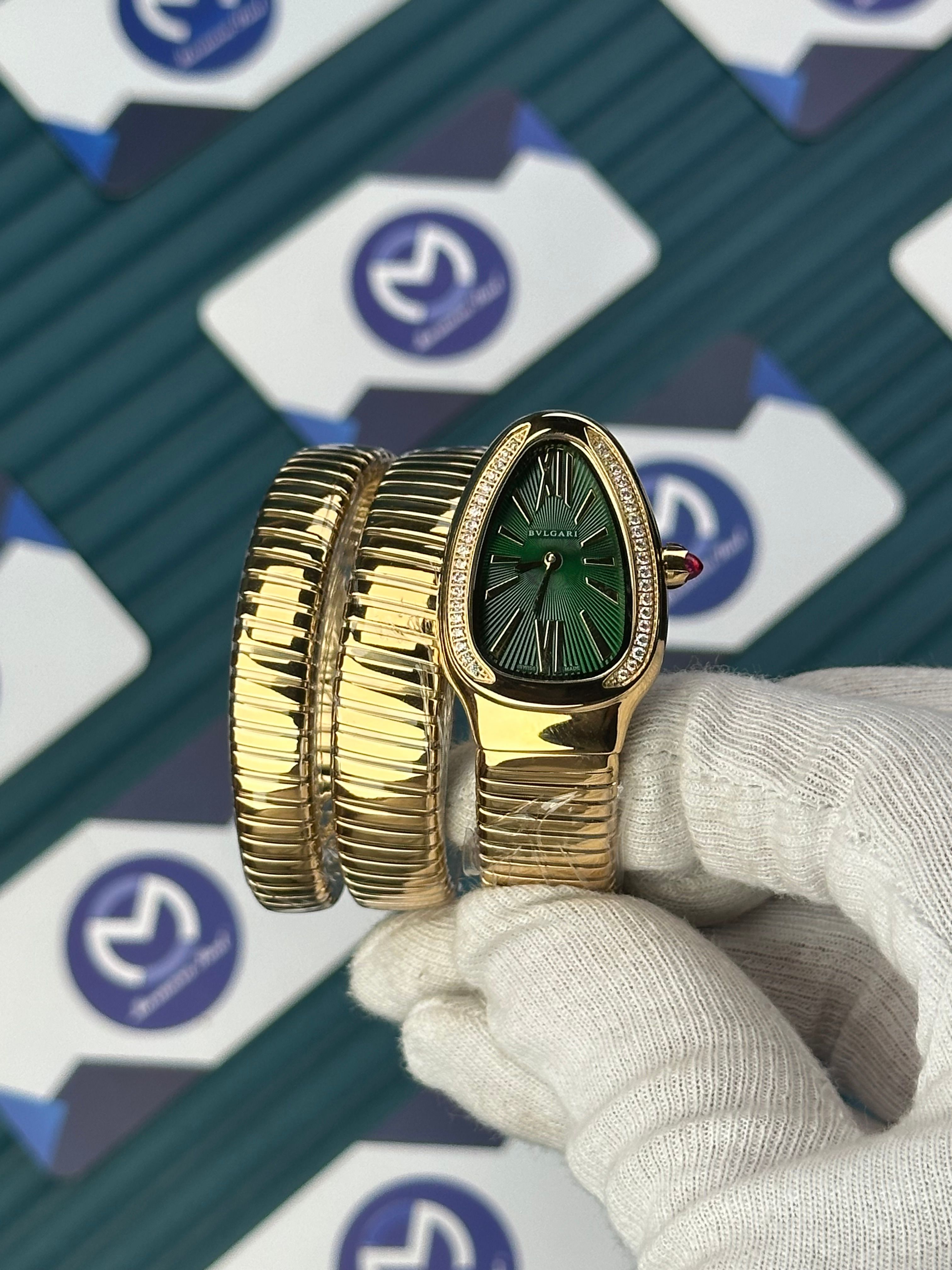 BVLGARI SERPENTI GREEN DIAL DIAMOND BEZEL GOLD LONG TUBOGAS