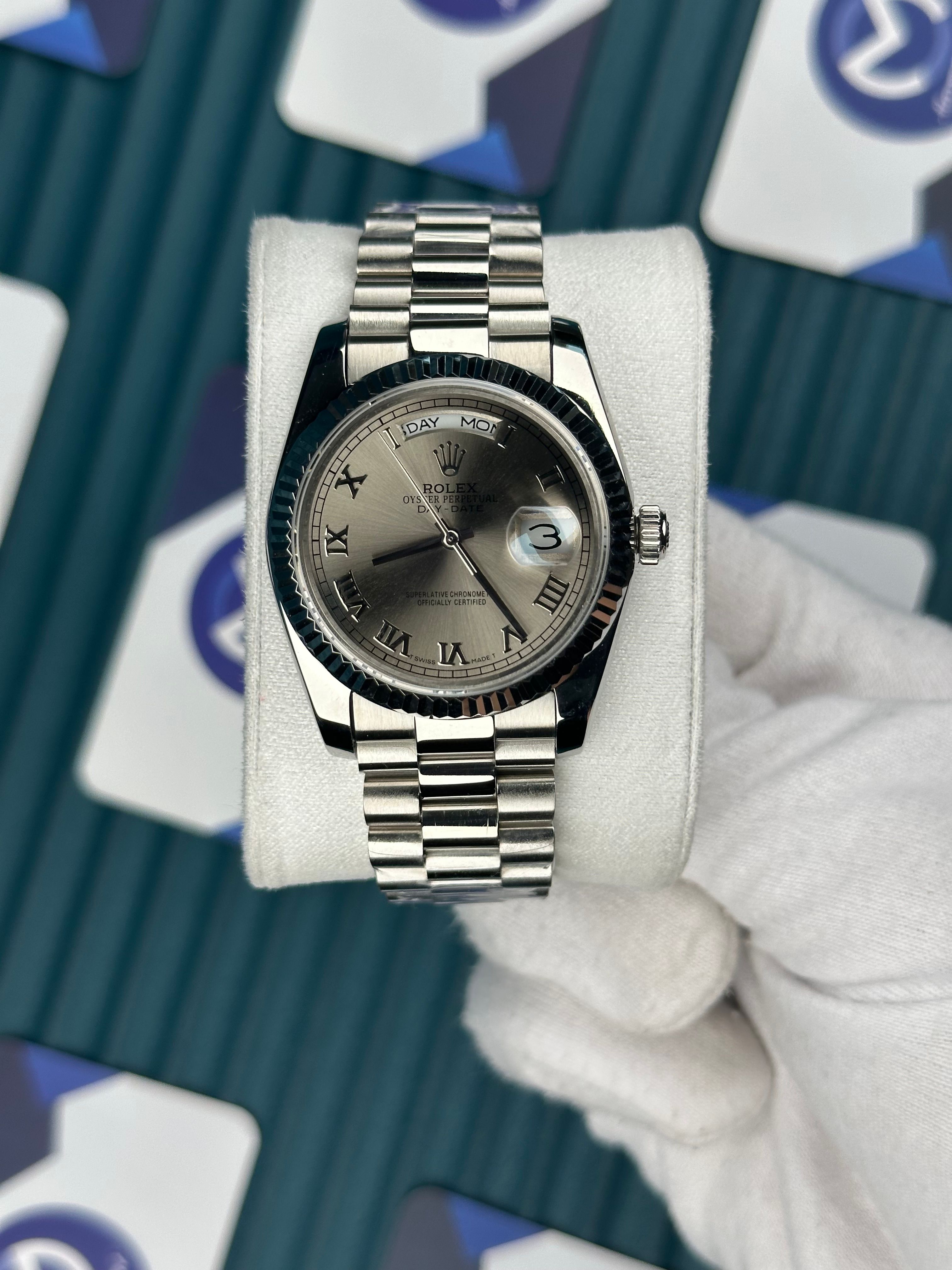 ROLEX 36 DAYDATE GREY DIAL SILVER PRESIDENT