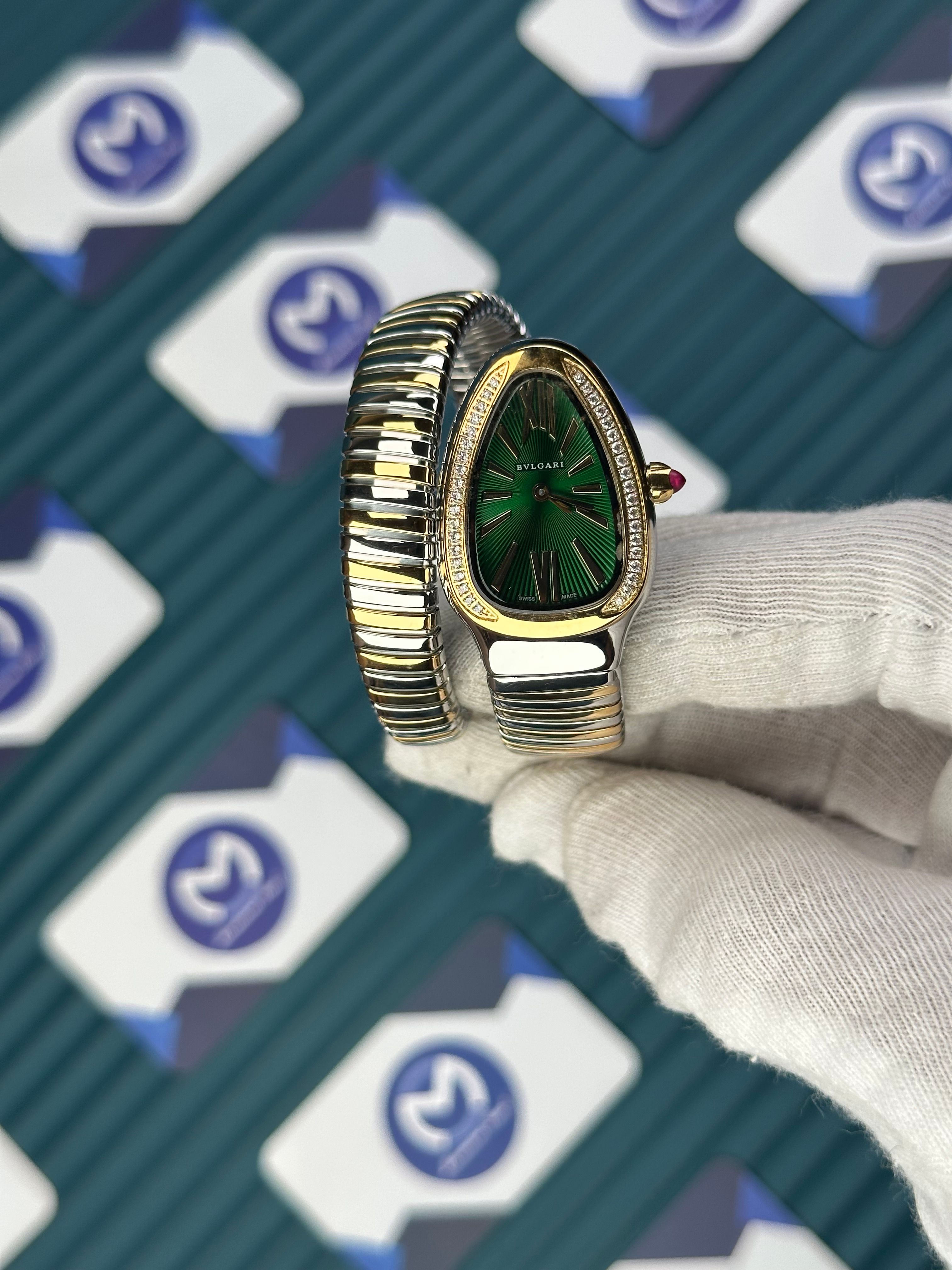 BVLGARI SERPENTI GREEN DIAL DIAMOND BEZEL GOLD-SILVER SHORT TUBOGAS