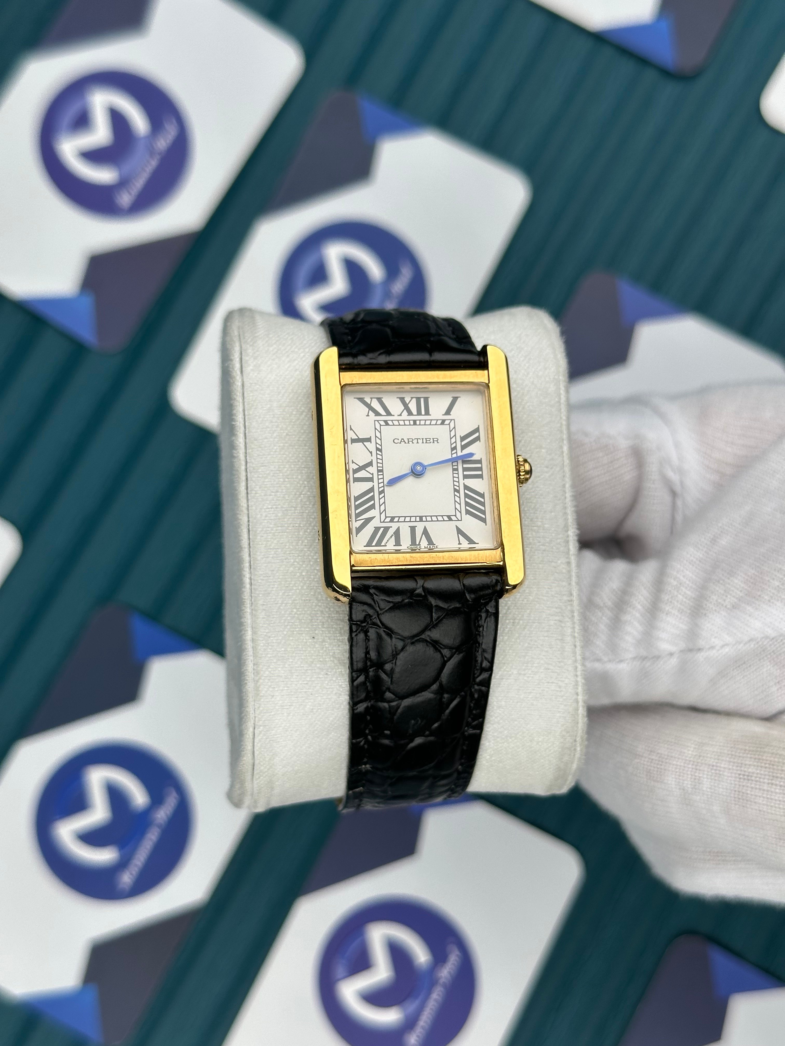 CARTIER WOMAN TANK WHITE DIALGOLD CASE BLACK PATTERNED LEATHER CORD