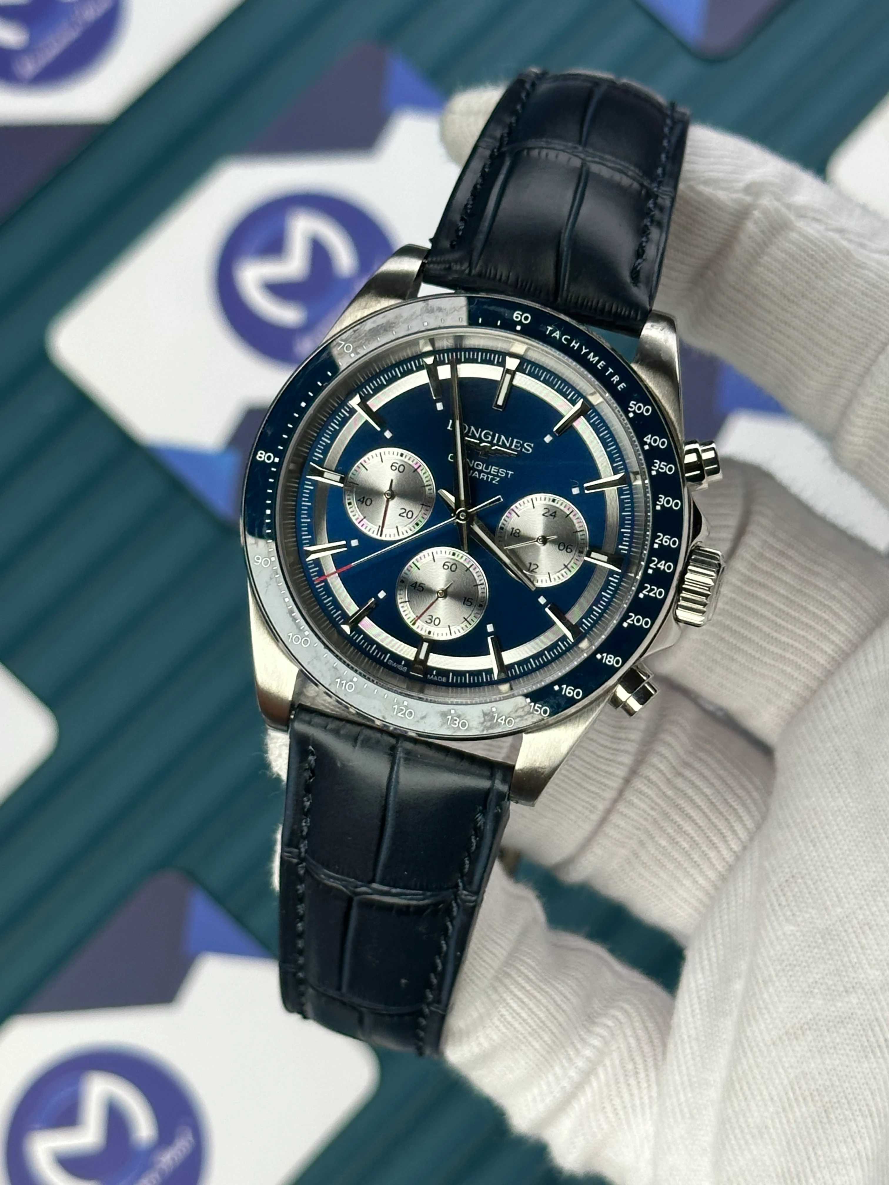 LONGINES CONQUEST CHRONOGRAPH AUTOMATIC BLUE DIAL BLUE LEATHER 