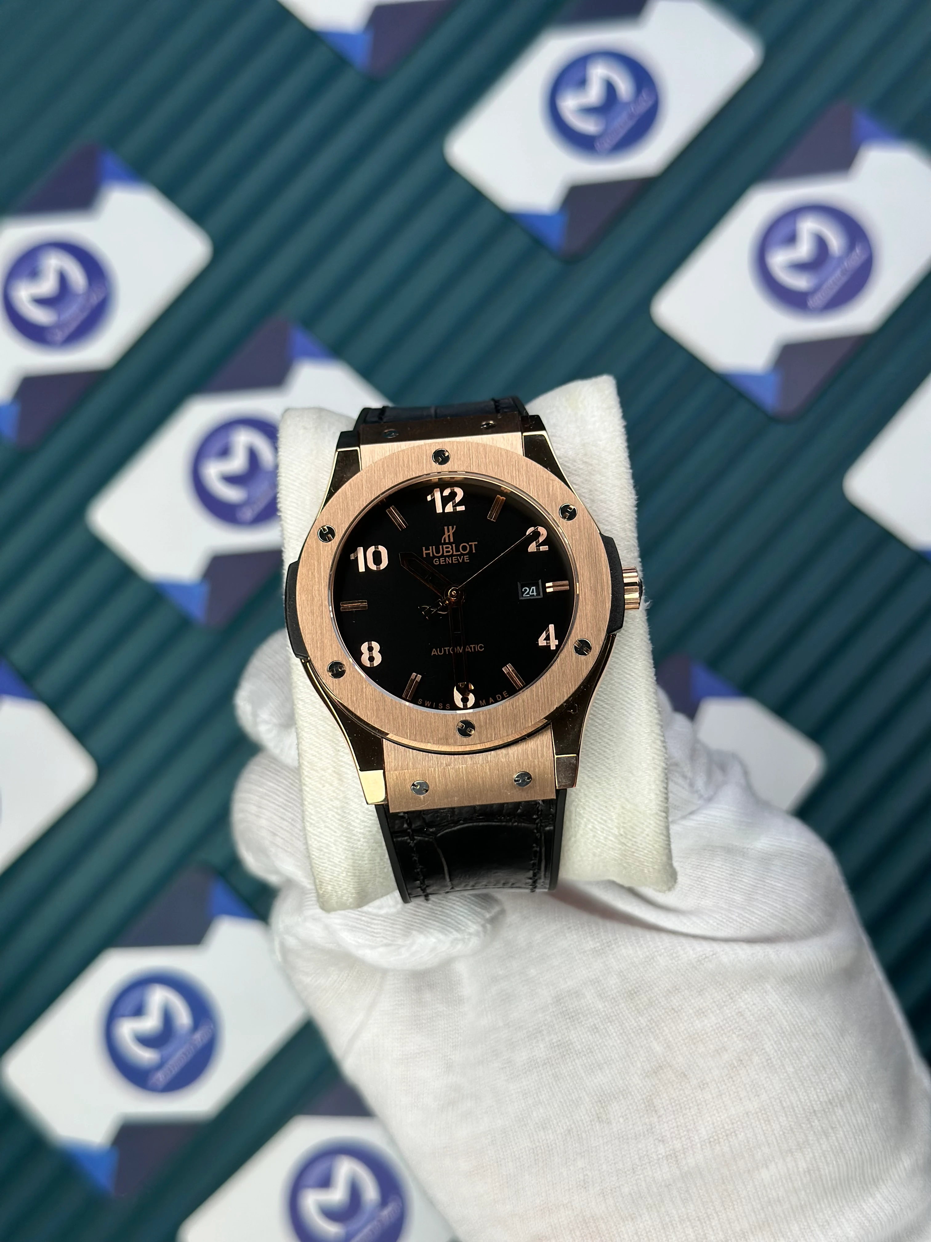 HUBLOT GENEVE AUTOMATIC VENDOME BLACK DIAL ROSE CASE BLACK LEATHER CORD 