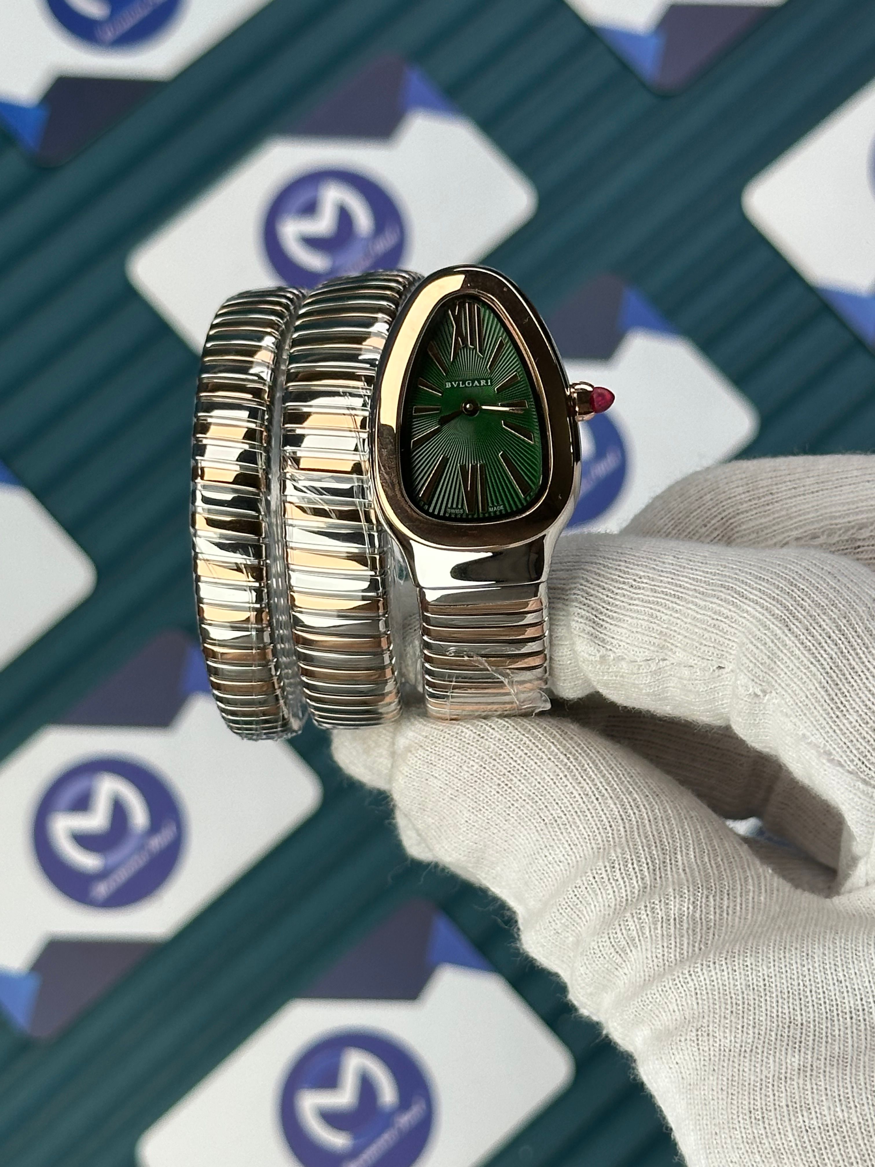 BVLGARI SERPENTI GREEN DIAL ROSE-SILVER LONG TUBOGAS
