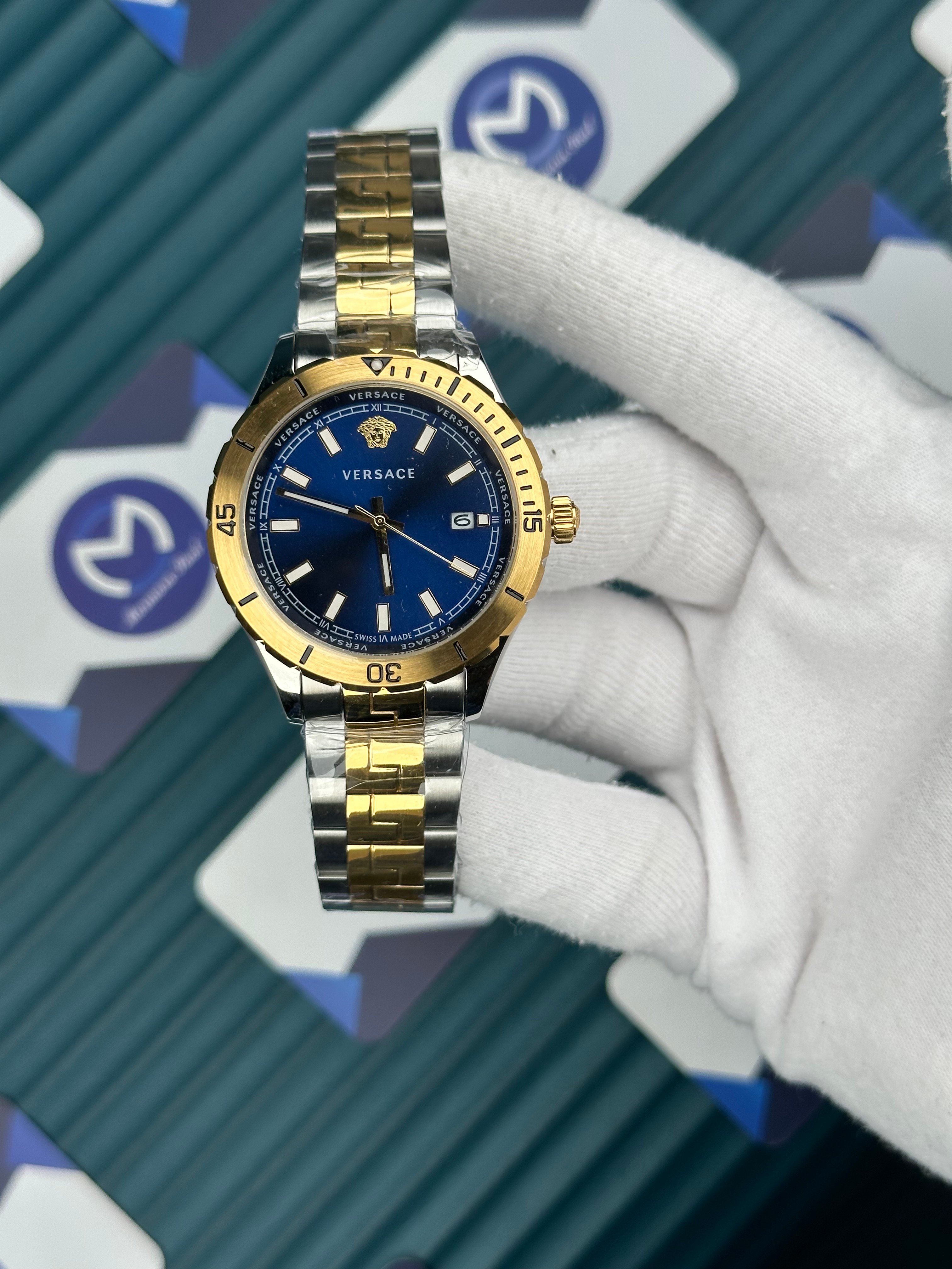 Versace Gold-Silver Oyster Mavi Kadran