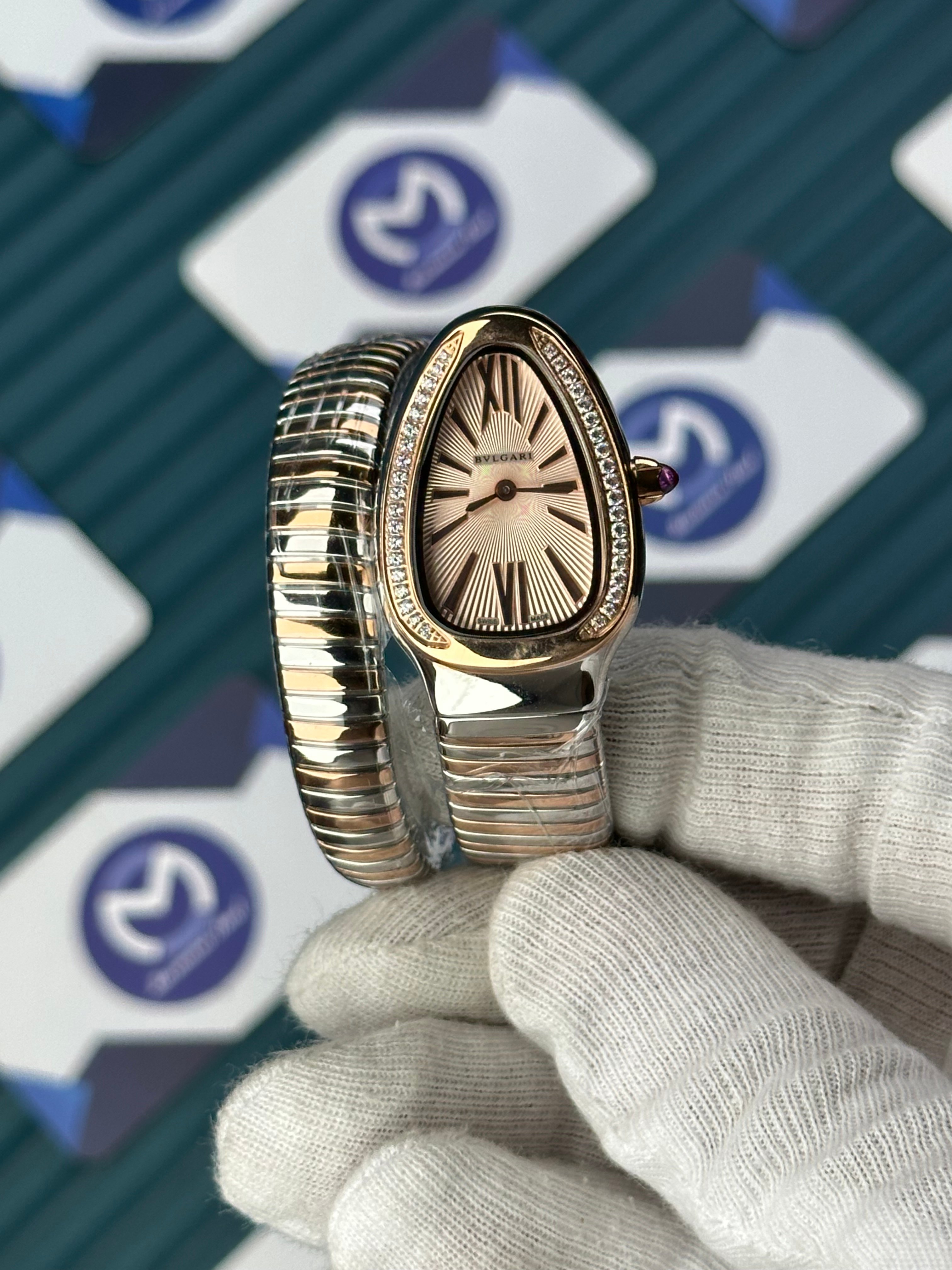 BVLGARI SERPENTI CHAMPAGNE DIAL DIAMOND BEZEL ROSE-SILVER SHORT TUBOGAS