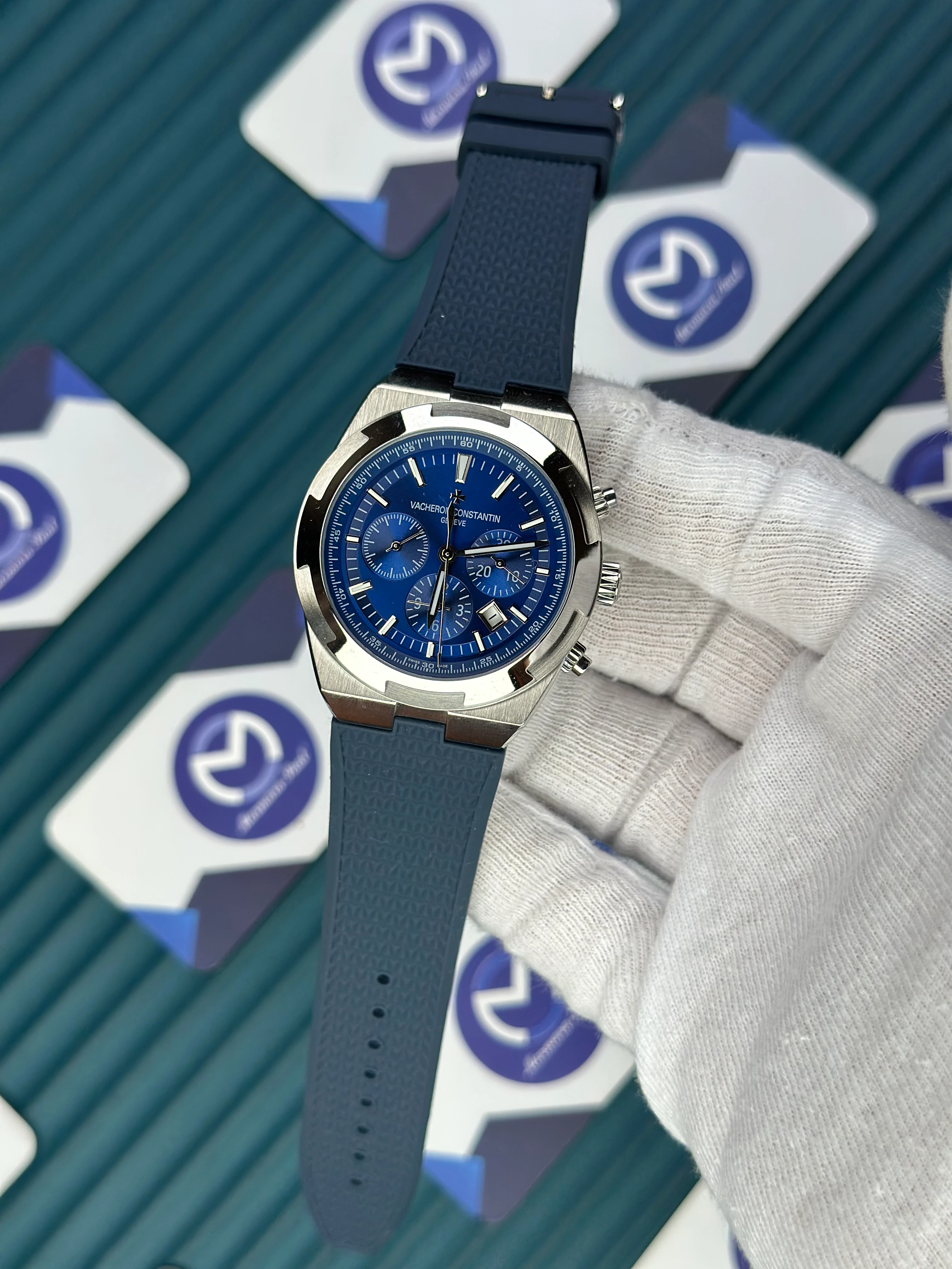 VACHERON CONSTANTIN BLUE DIAL SILVER CASE CHRONOGRAPH OVERSEAS NAVY BLUE RUBBER