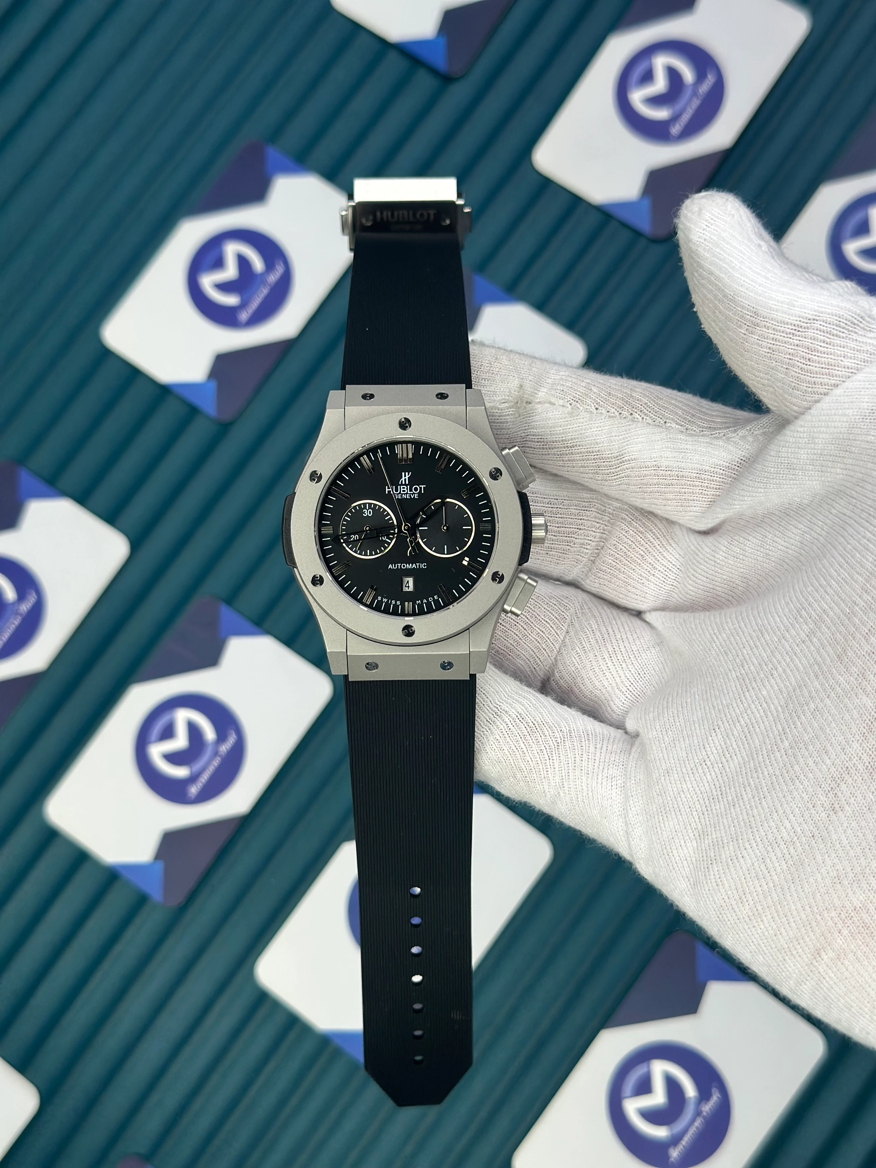 HUBLOT AUTOMATIC CLASIC VENDOME FUSHION BLACK DIAL CHRONOGRAP GREY CASE BLACK RUBBER