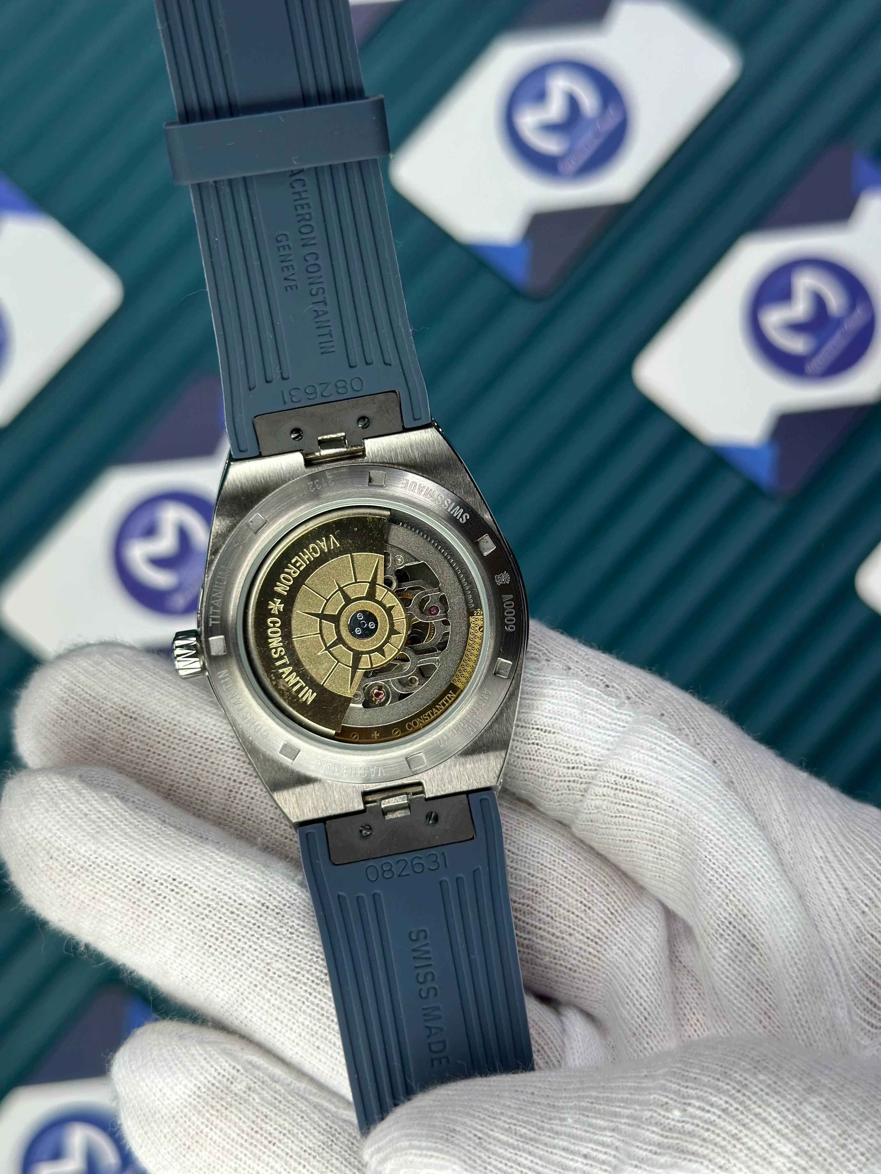 VACHERON CONSTANTIN BLUE DIAL SILVER CASE BLACK BEZEL DUAL TIME NAVY BLUE RUBBER 