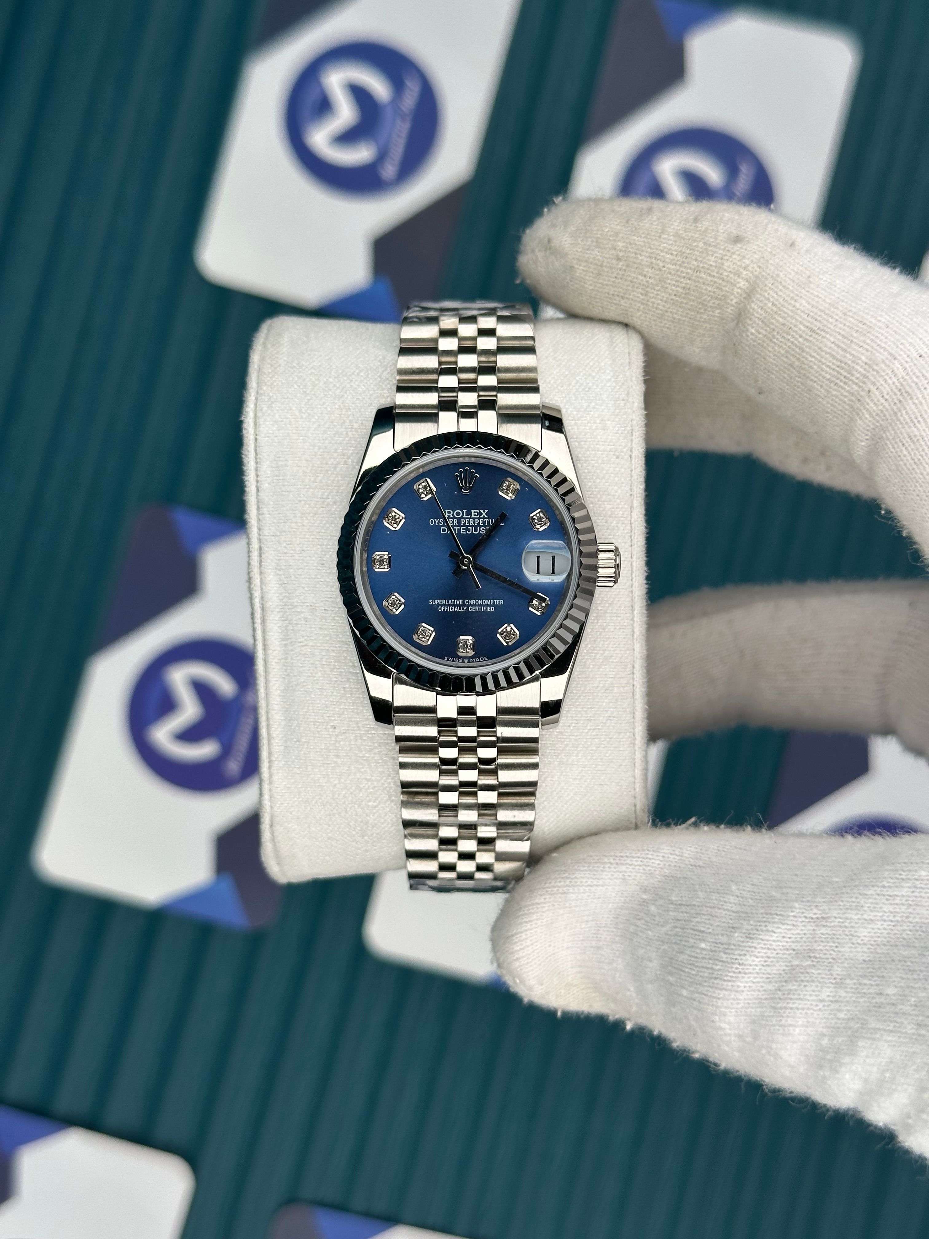 ROLEX 31 BLUE DIAL DIAMOND INDEX SILVER JUBILEE