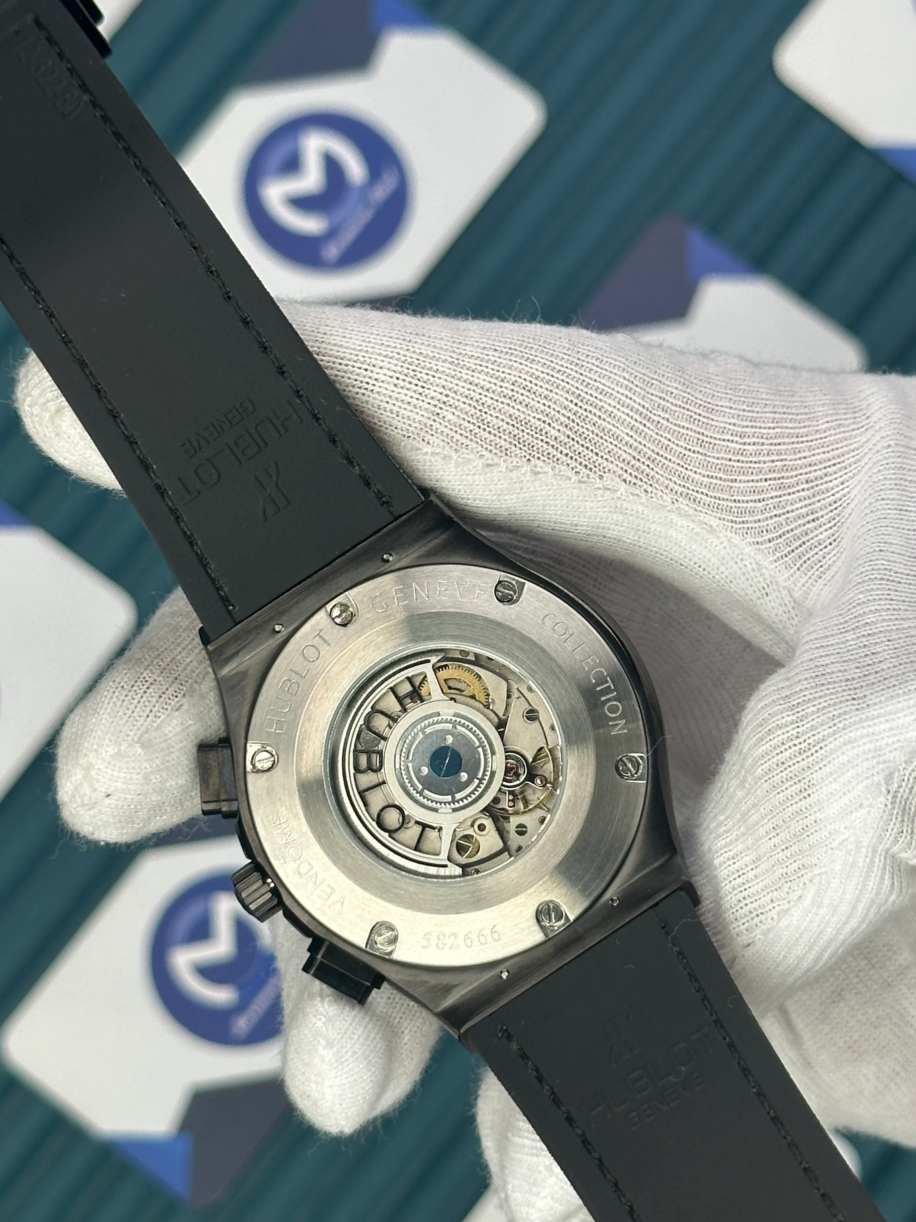 HUBLOT AUTOMATIC CLASSIC FUSHION VENDOME BLACK CASE SKELETON DIAL BROWN LEATHER CORD 