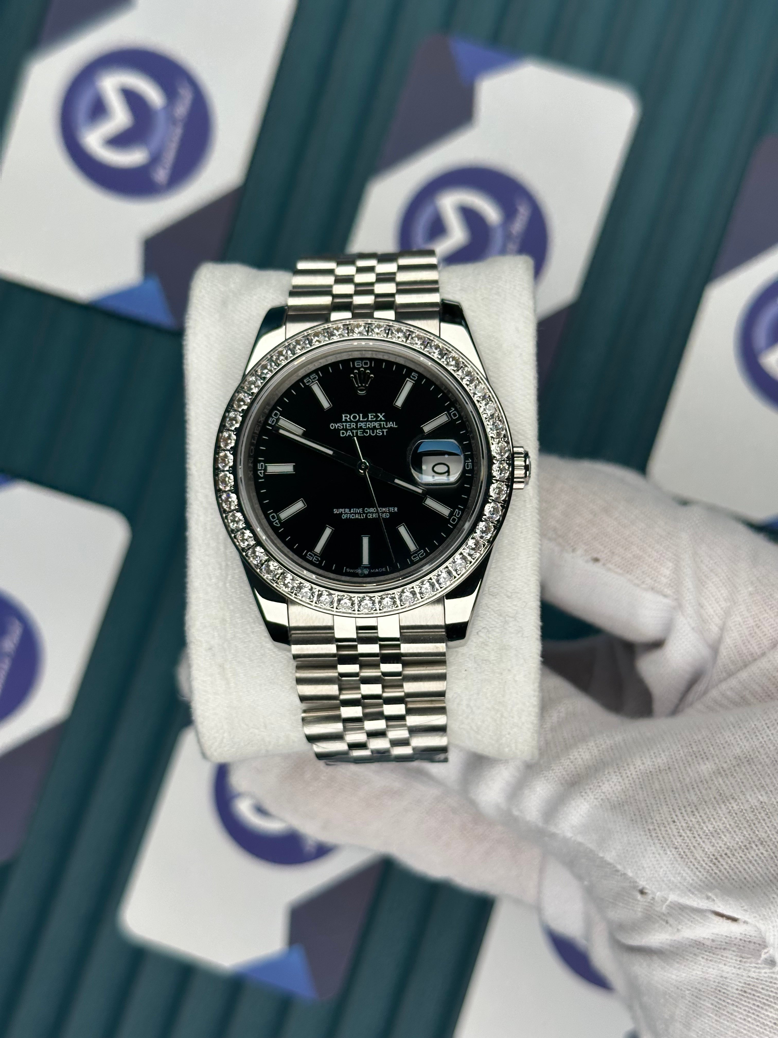 ROLEX DATEJUST BLACK DIAL DIAMOND BEZEL SILVER JUBILE