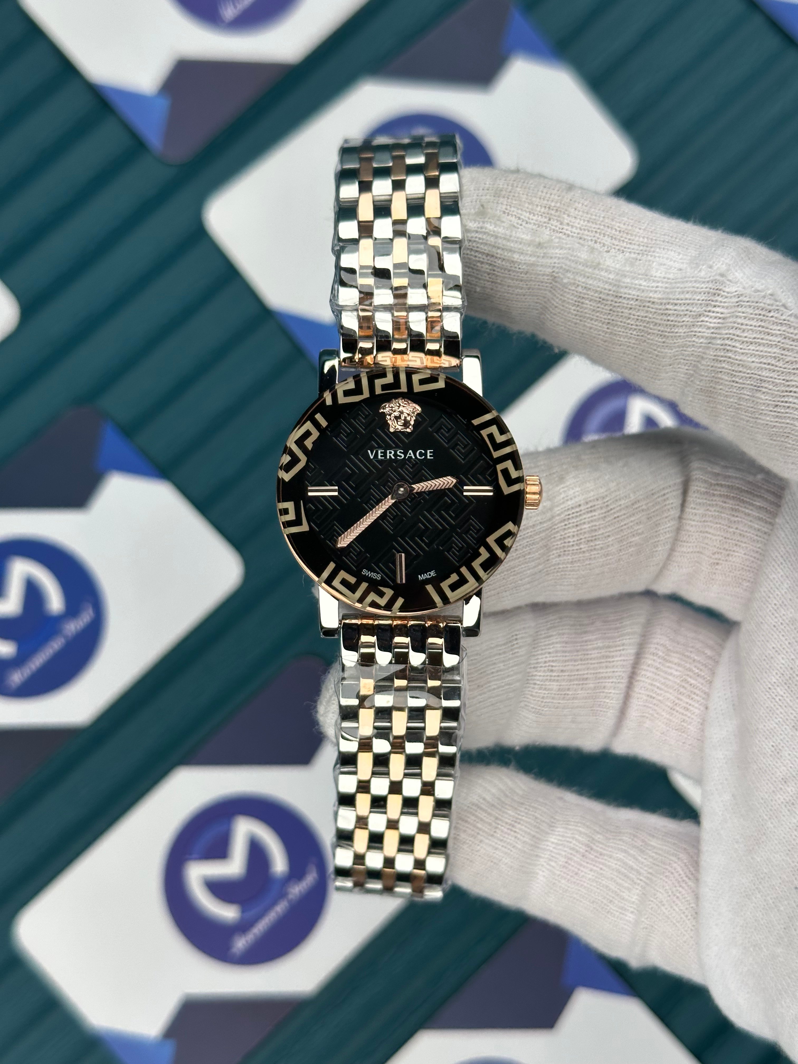 VERSACE DESENLİ AYNALI BEZEL SİYAH KADRAN ROSE SILVER KORDON