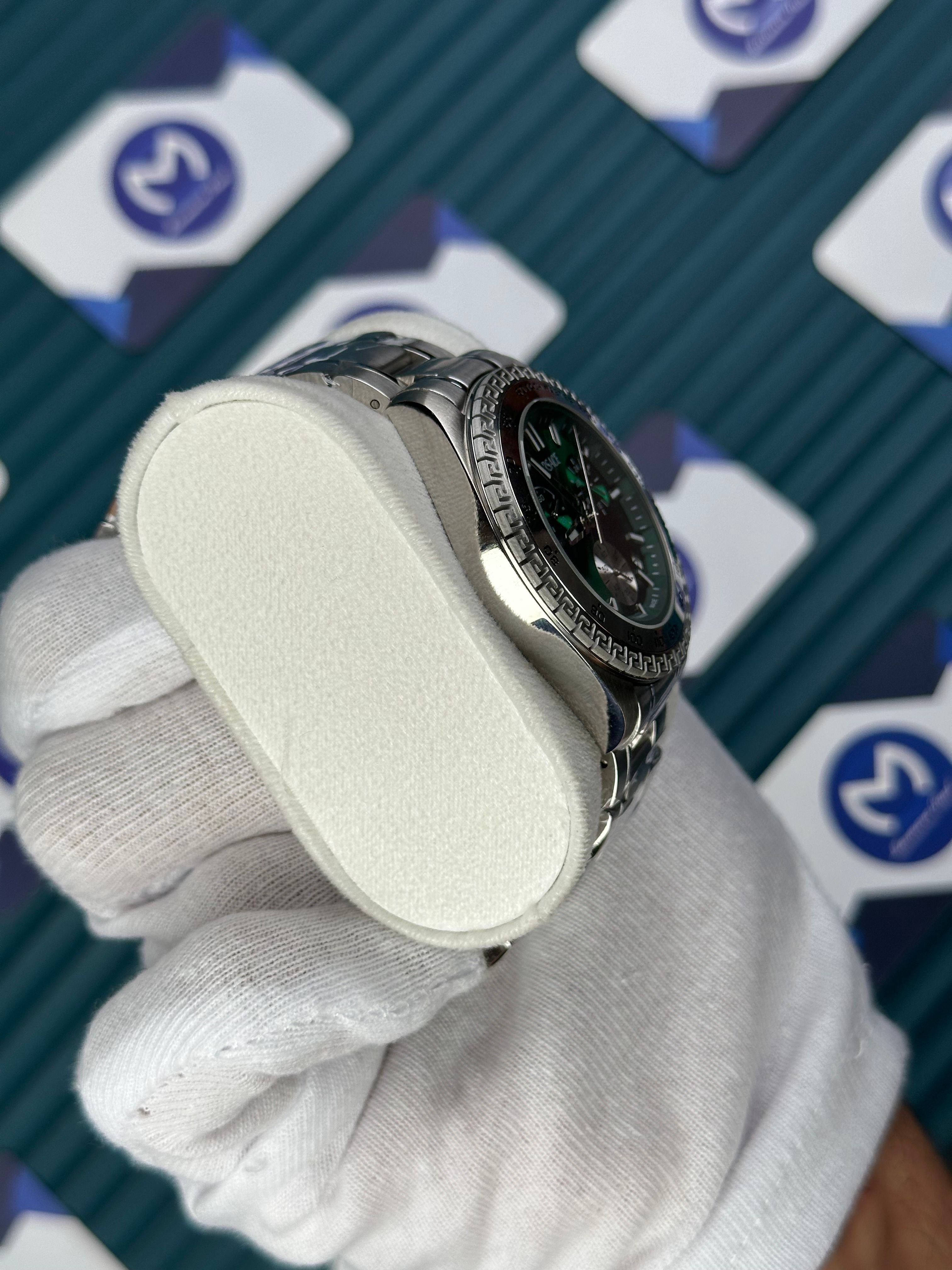 VERSACE GREEN DIAL CHRONOMOETER SILVER BEZEL AND CORD NEW SEASON
