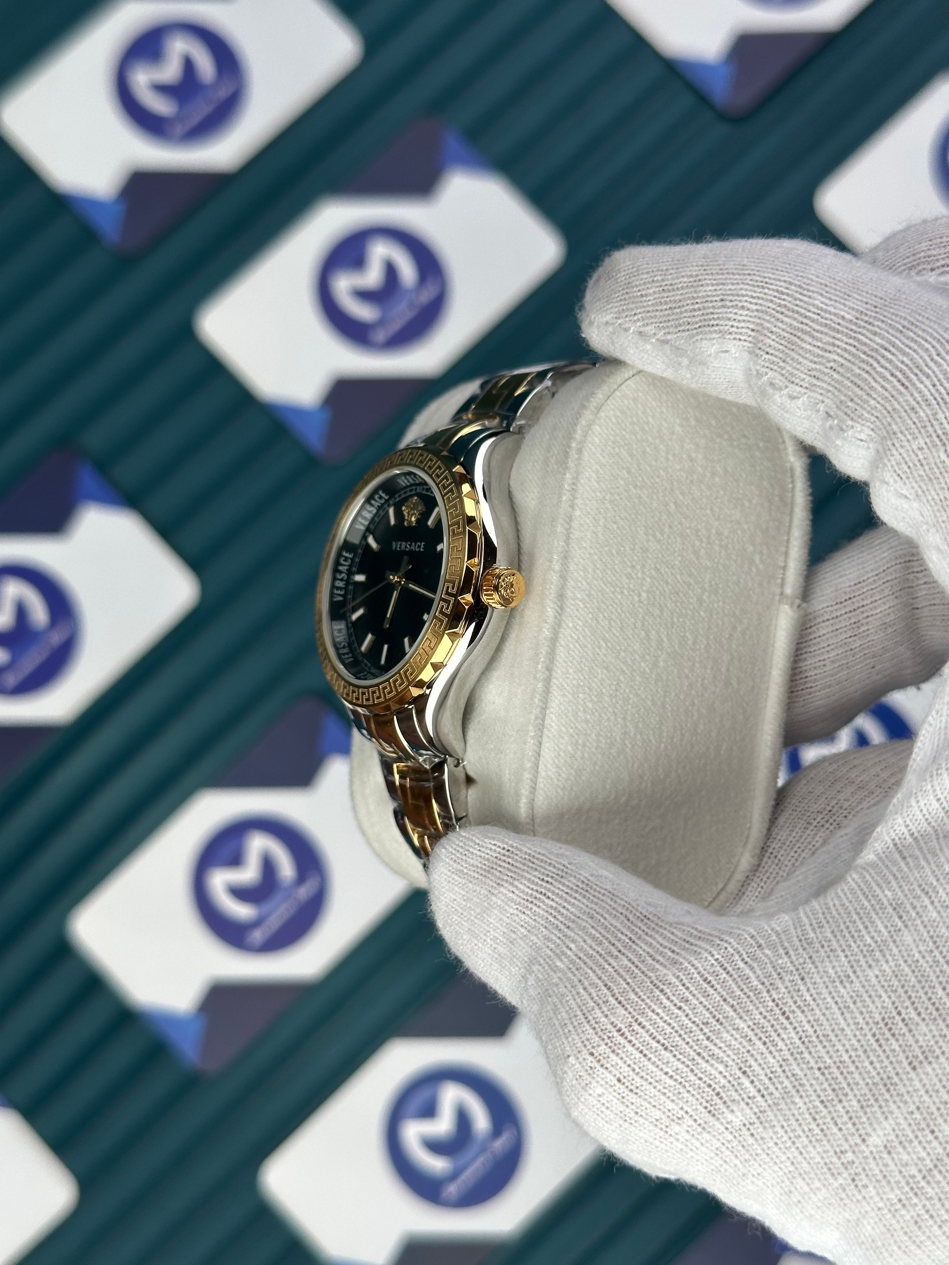 VERSACE 36 BLACK DIAL GOLD-SILVER CORD 