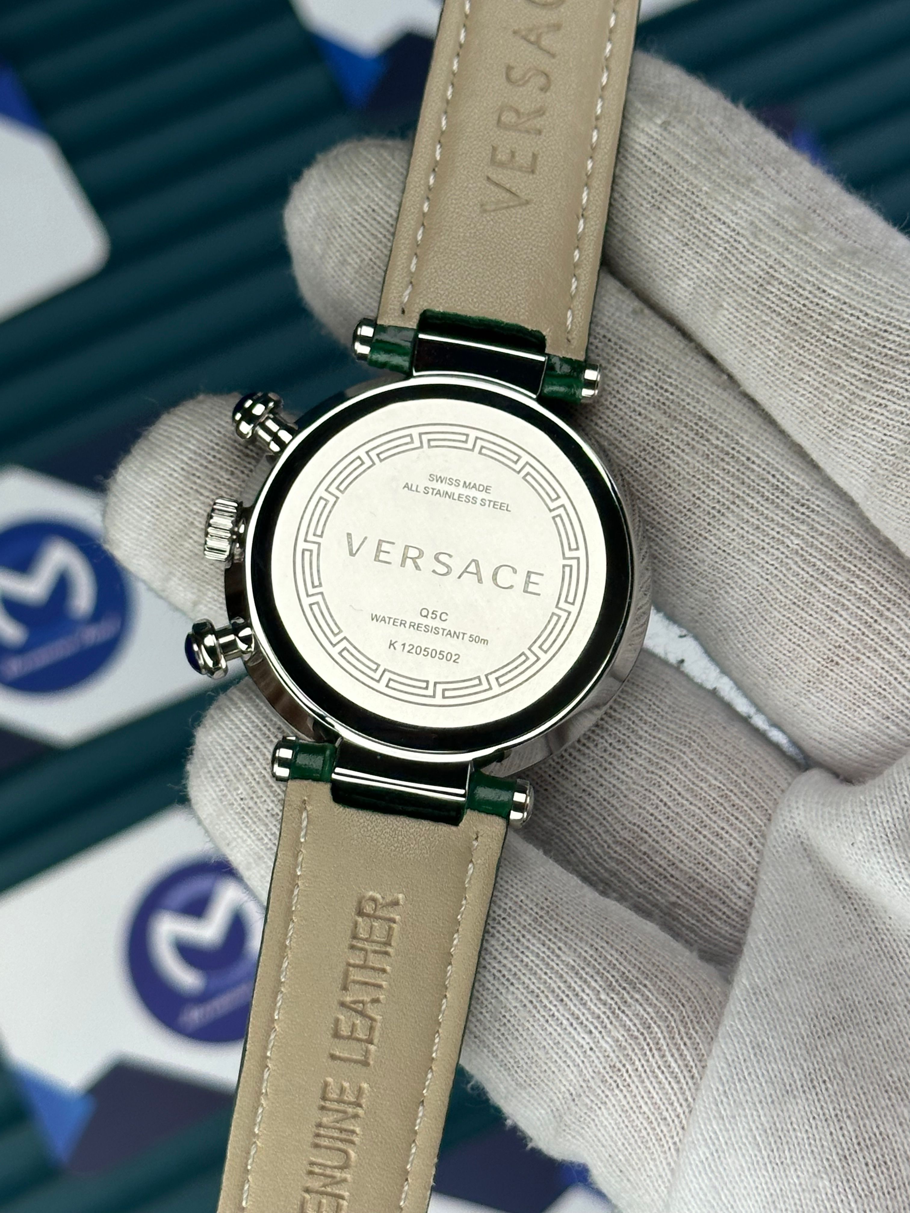 VERSACE 38 GREEN DIAL DIAMOND BEZEL SILVER CASE GREEN LEATHER CORD