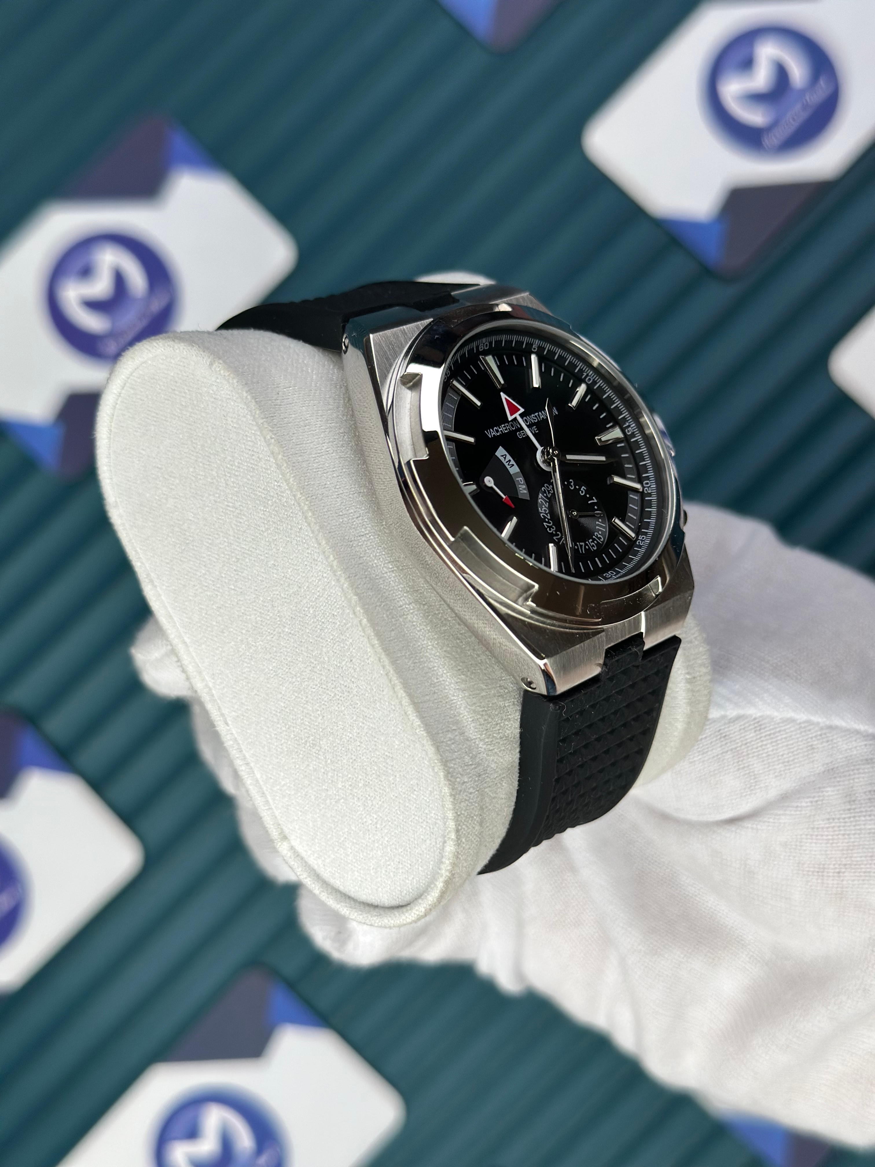 VACHERON CONSTANTIN BLACK DIAL SILVER CASE DUAL TIME OVERSEAS BLACK RUBBER
