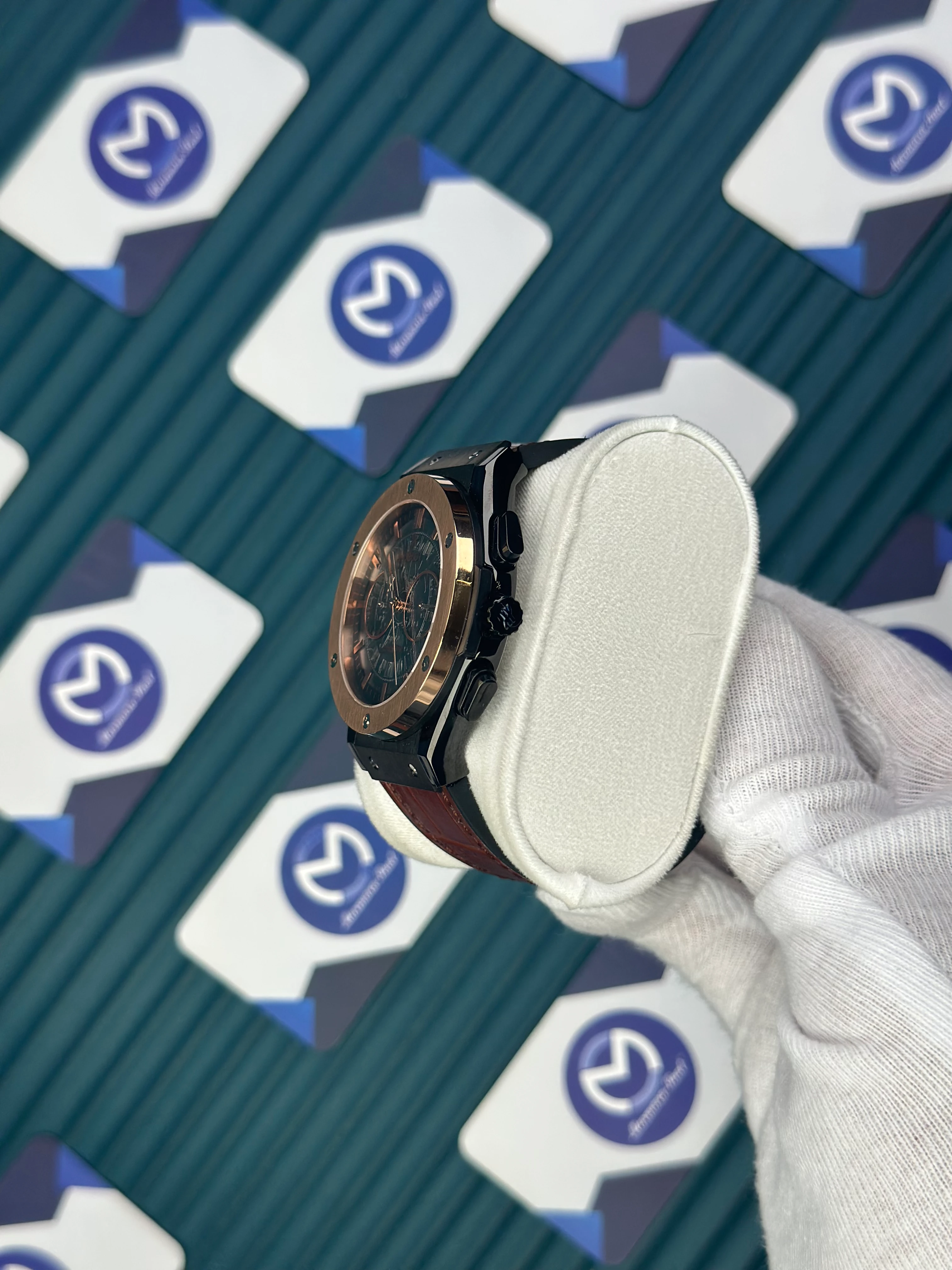 HUBLOT AUTOMATIC SKELETON DIAL ROSE BEZEL BLACK CASE BROWN LEATHER CORD 