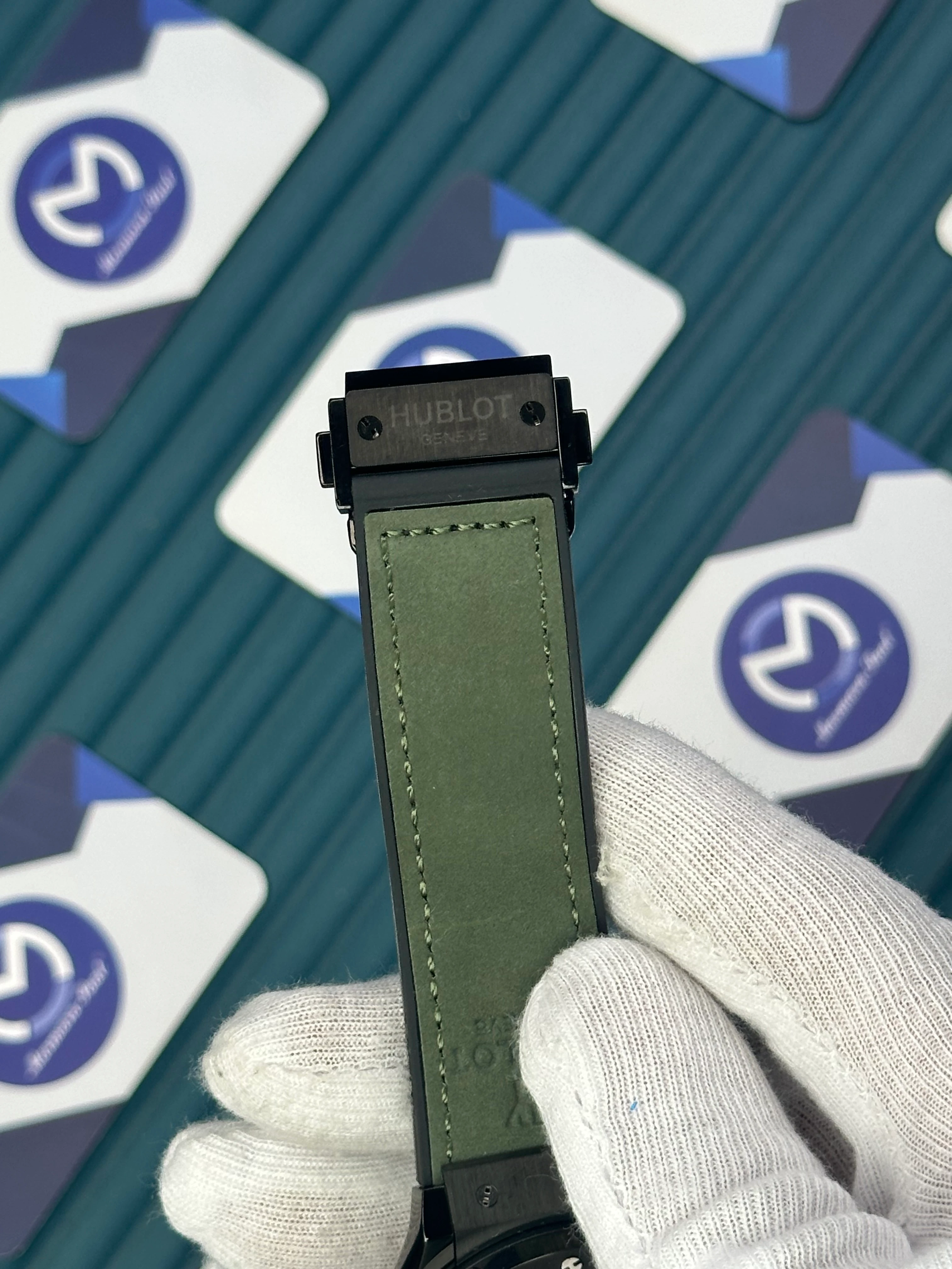 HUBLOT AUTOMATIC SKELETON DIAL BLACK CASE GREEN LEATHER CORD 