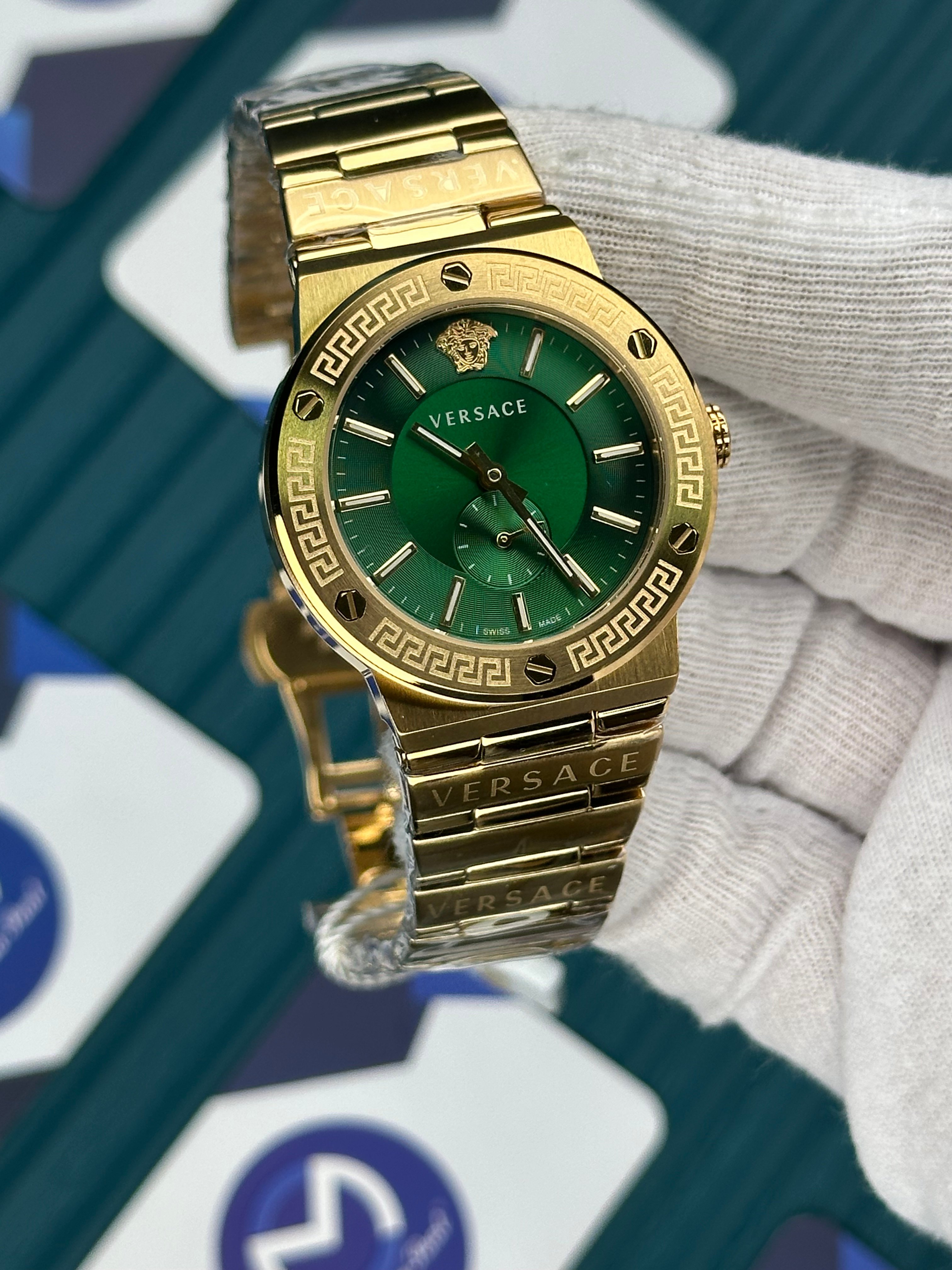 VERSACE 36 GREEN DIAL CHRONOMETER GOLD