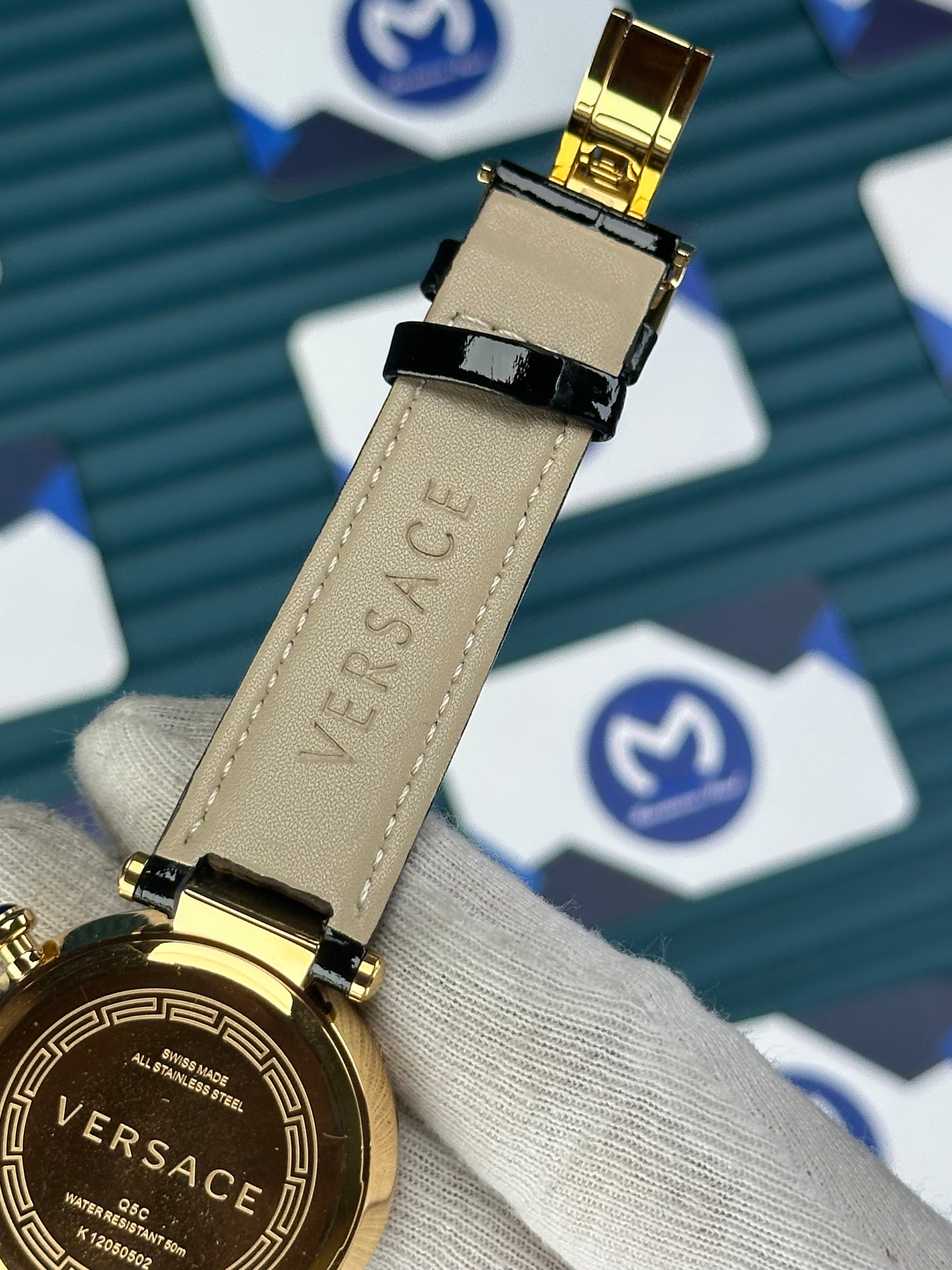 VERSACE 38 BLACK DIAL GOLD CASE DIAMOND BEZEL BLACK LEATHER CORD