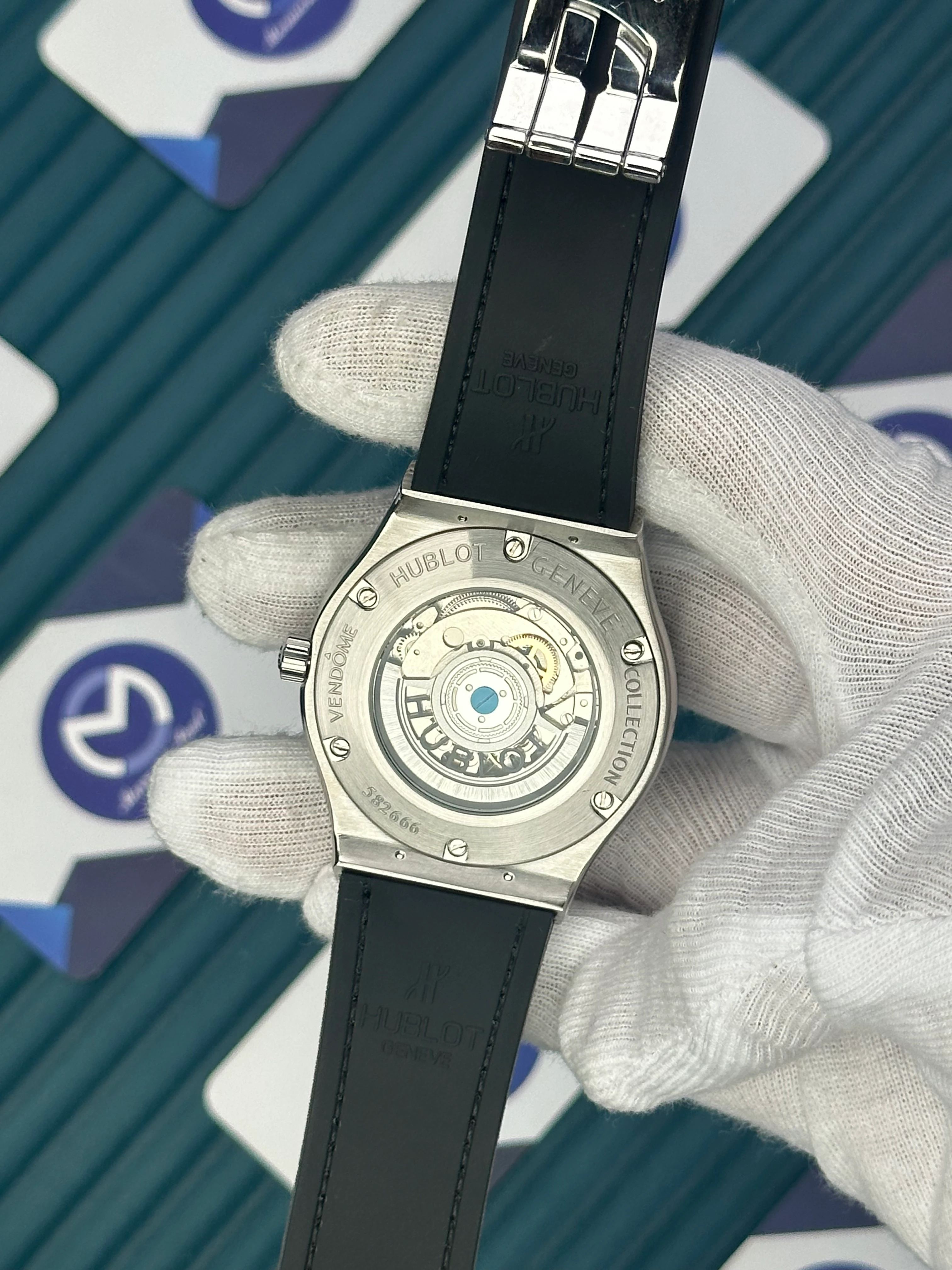 HUBLOT GENEVE AUTOMATIC NAVY GREY DIAL AND CASE GREY LEATHER CORD 