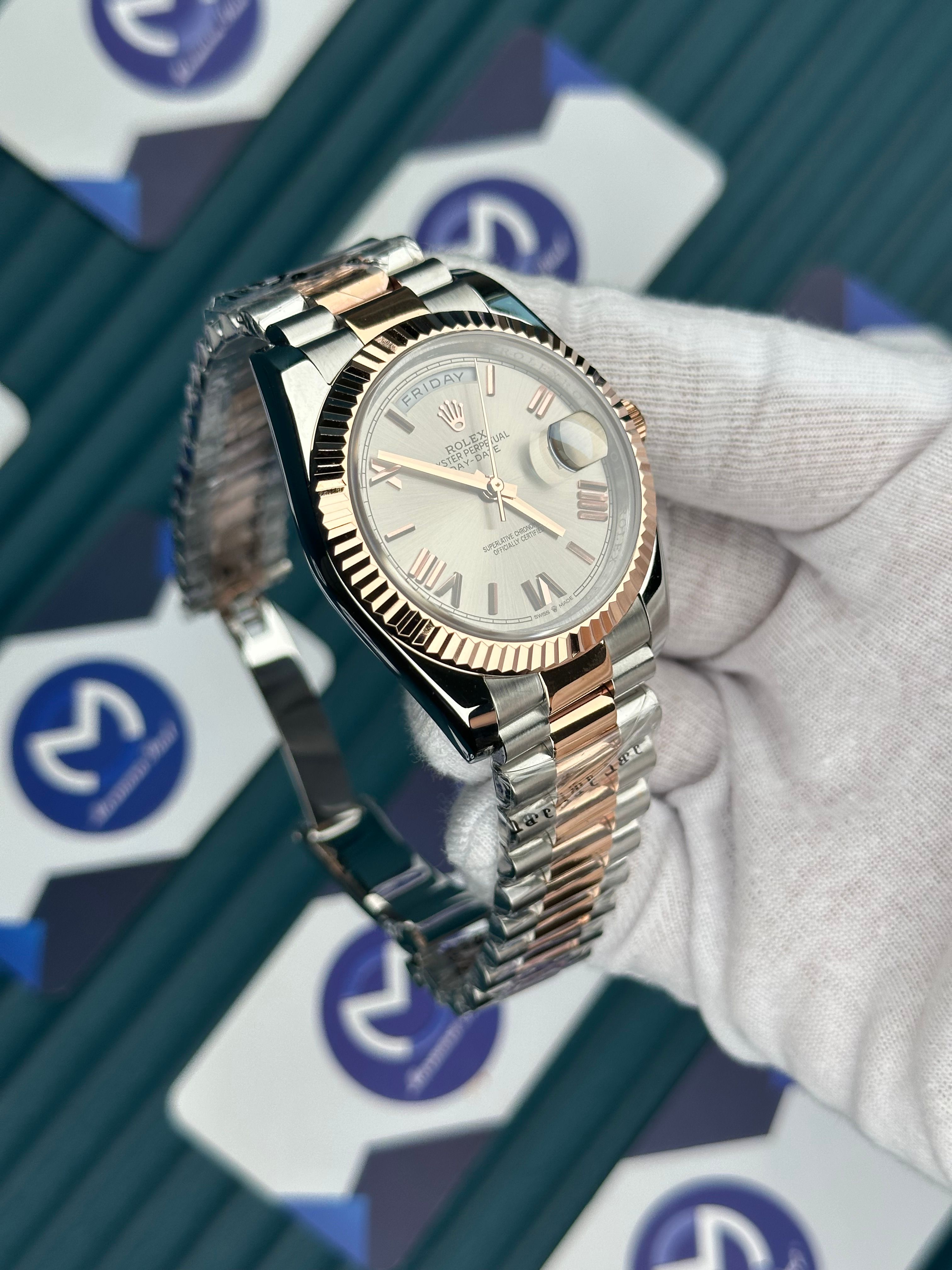 ROLEX DAY-DATE GREY DIAL ROMA INDEX ROSE-SILVER PRESIDENT