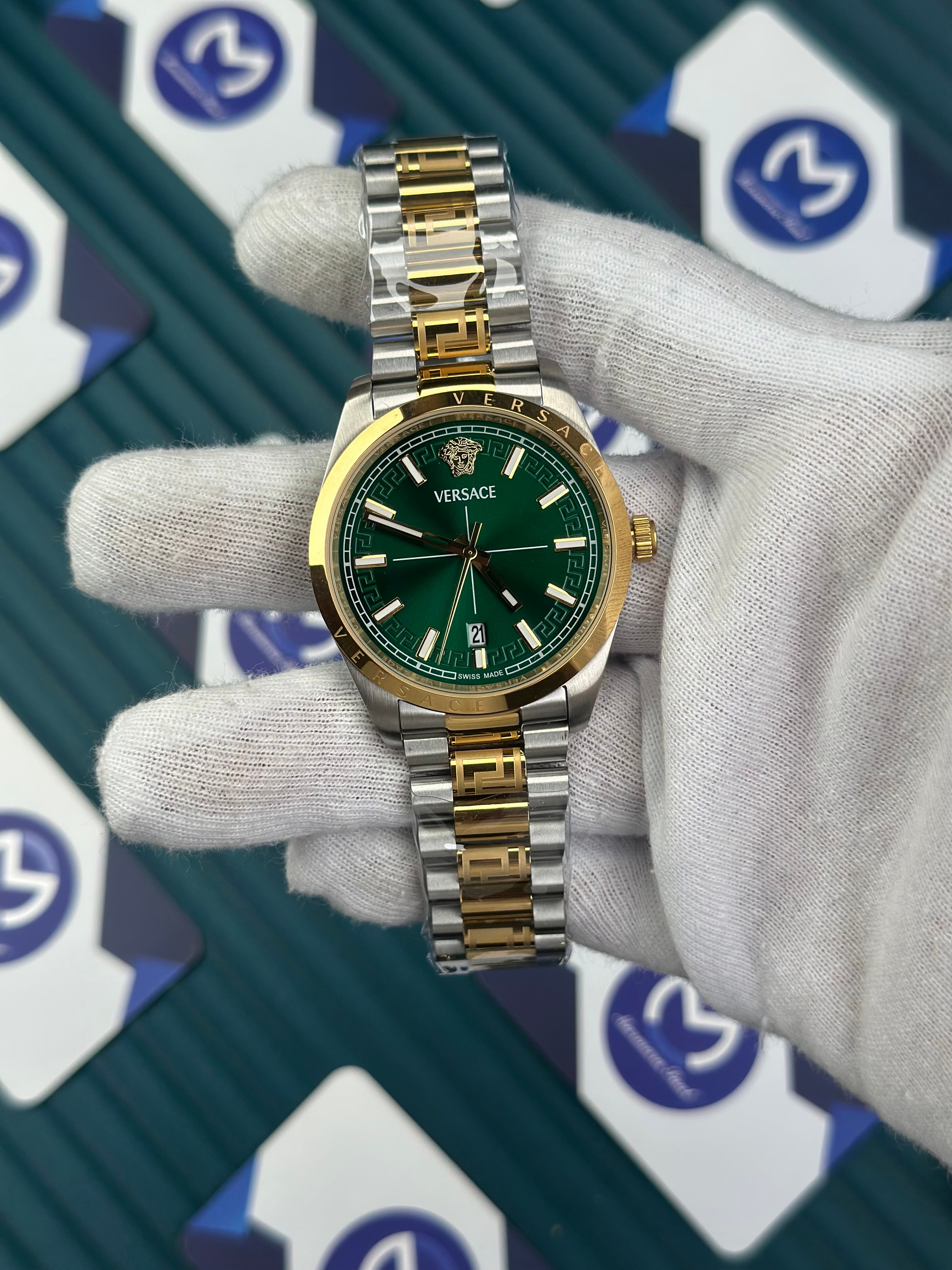 VERSACE NEW GREEN DIAL GOLD-SILVER PRESIDENT