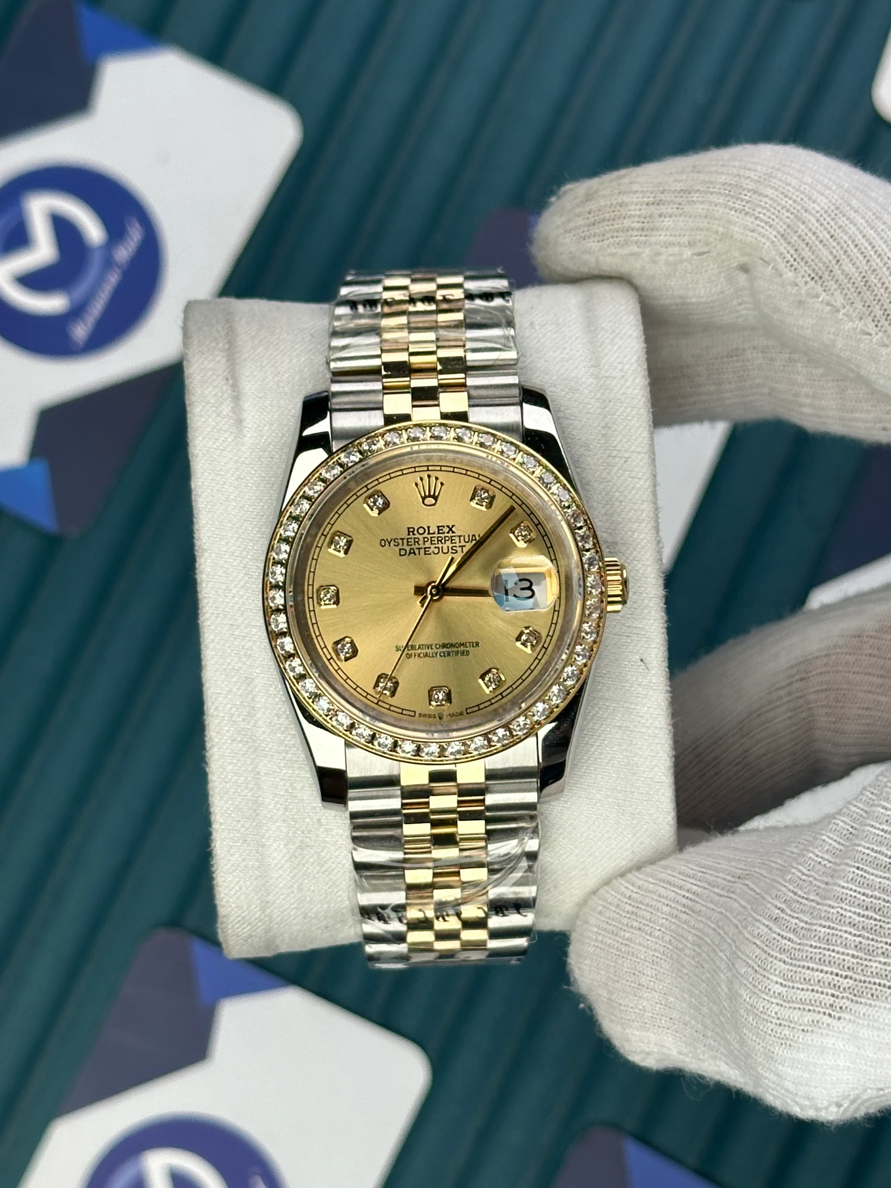 ROLEX 36 MM DATEJUST GOLD DIAL DIAMOND INDEX AND BEZEL GOLD-SILVER JUBILE 