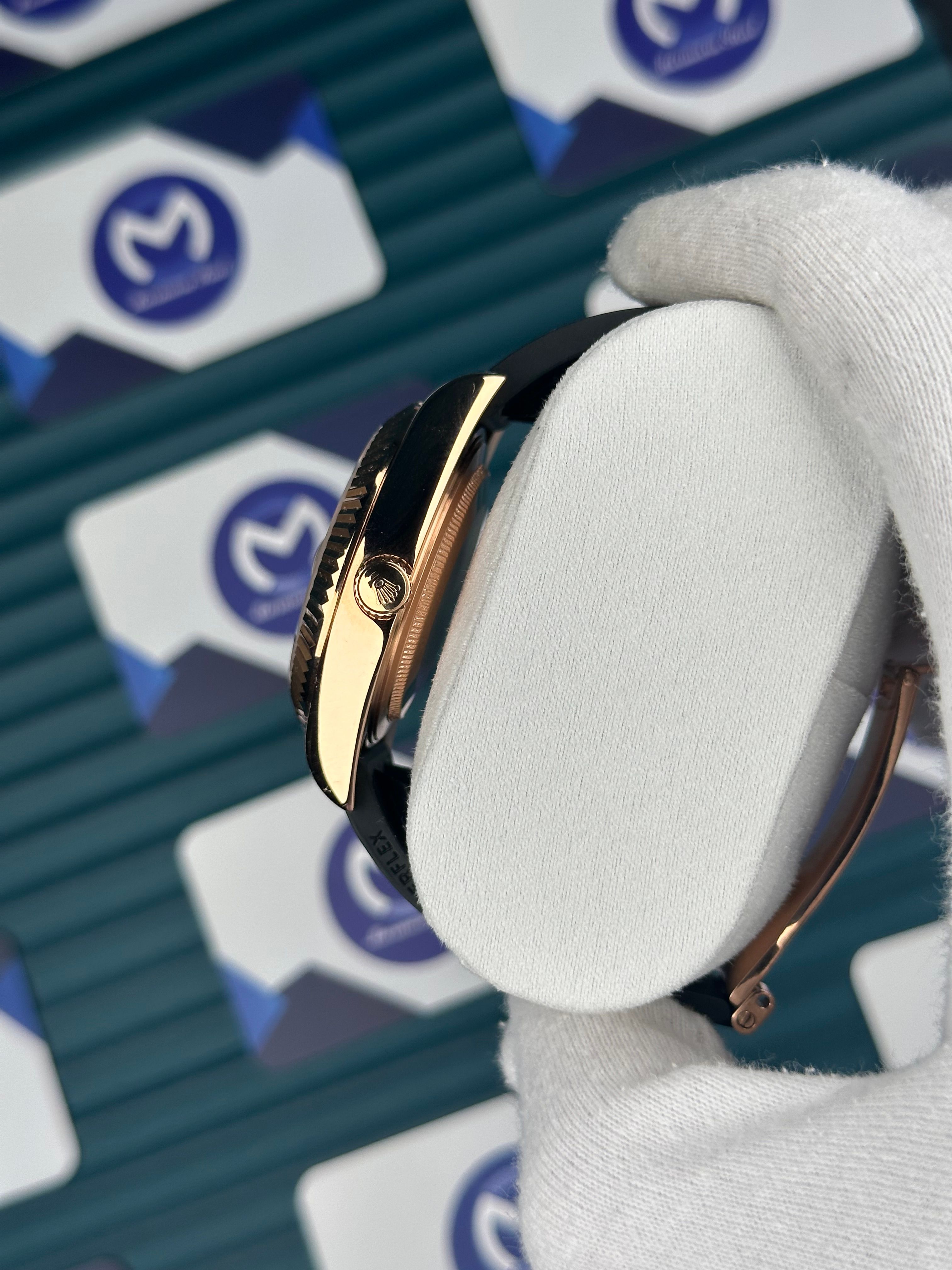 ROLEX SKY-DWELLER BLUE DIAL ROSE CASE BLACK OYSTERFLEX