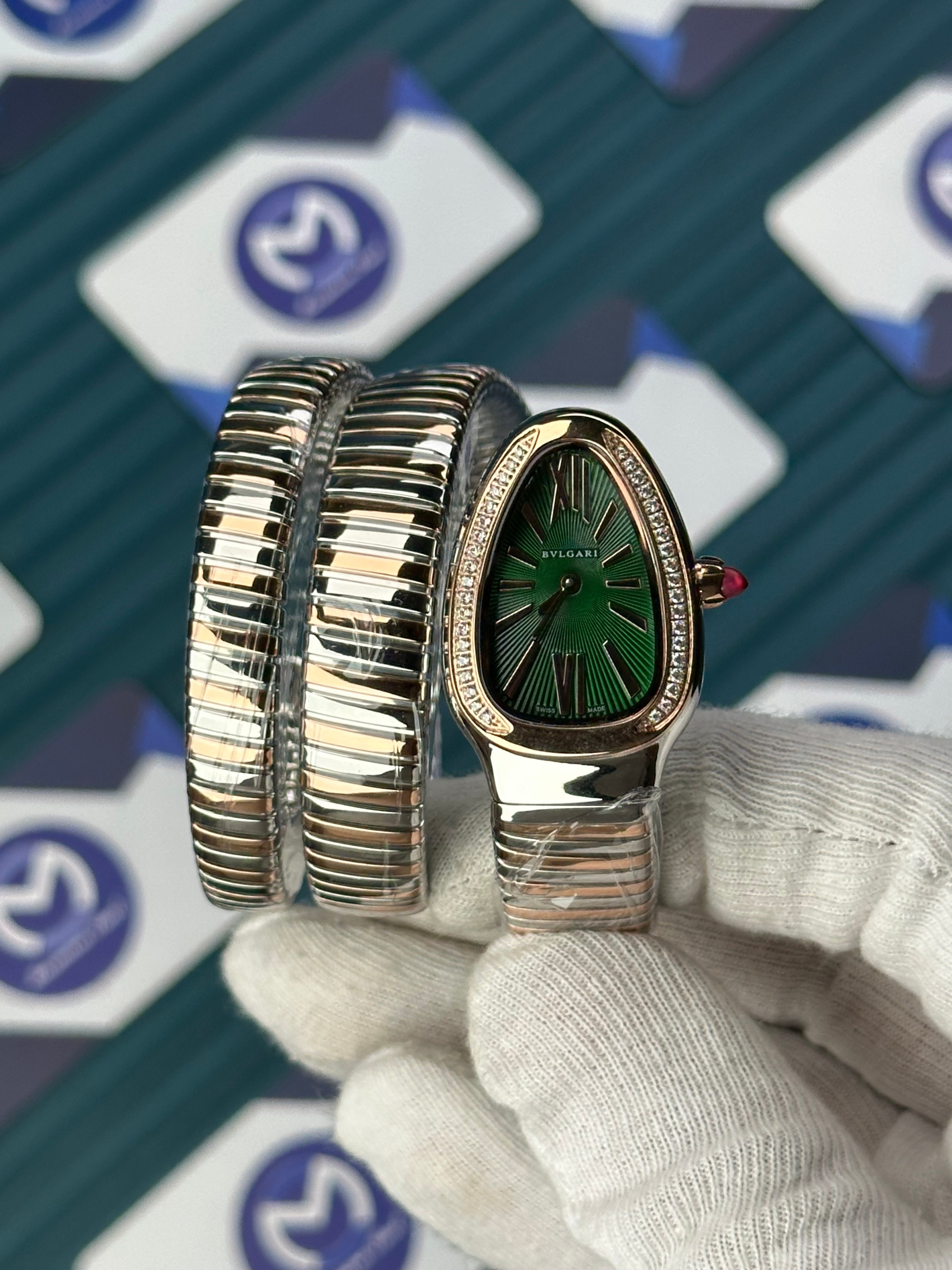 BVLGARI SERPENTI GREEN DIAL DIAMOND BEZEL ROSE-SILVER LONG TUBOGAS