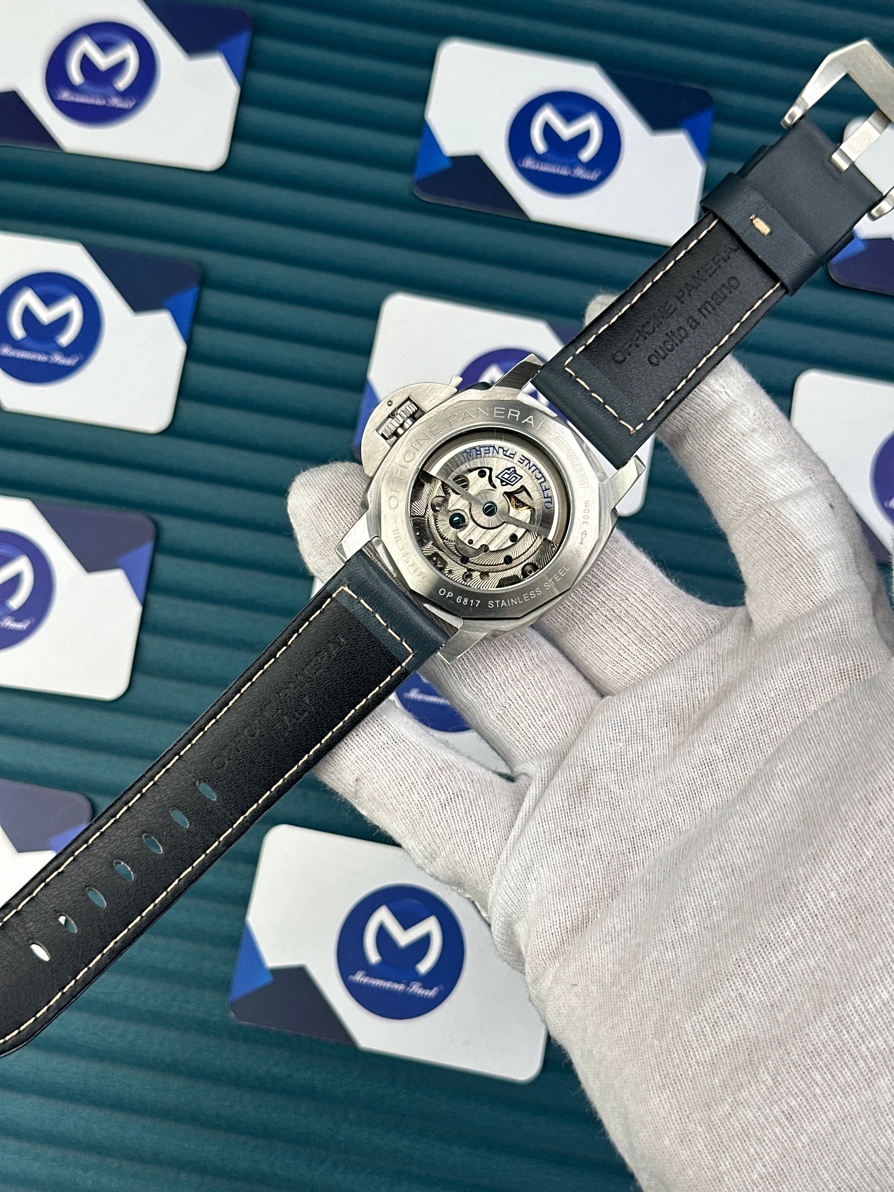 LUMINOR GMT PANERAI NAVY BLUE DIAL SILVER CASE NAVY BLUE LEATHER CORD