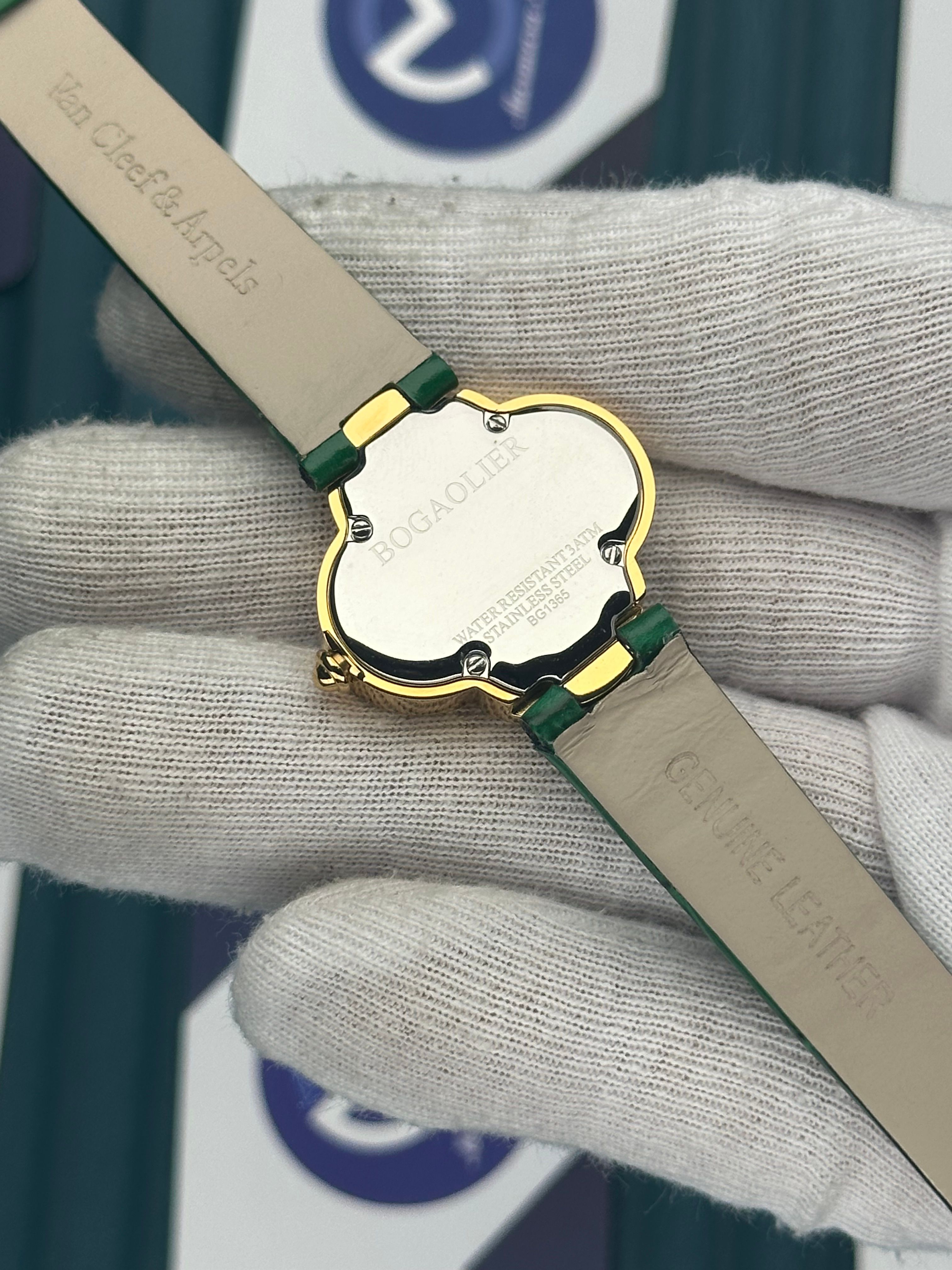 VAN CLEEF & ARPELS WHITE DIAL DIAMOND BEZEL GOLD CASE GREEN LEATHER CORD