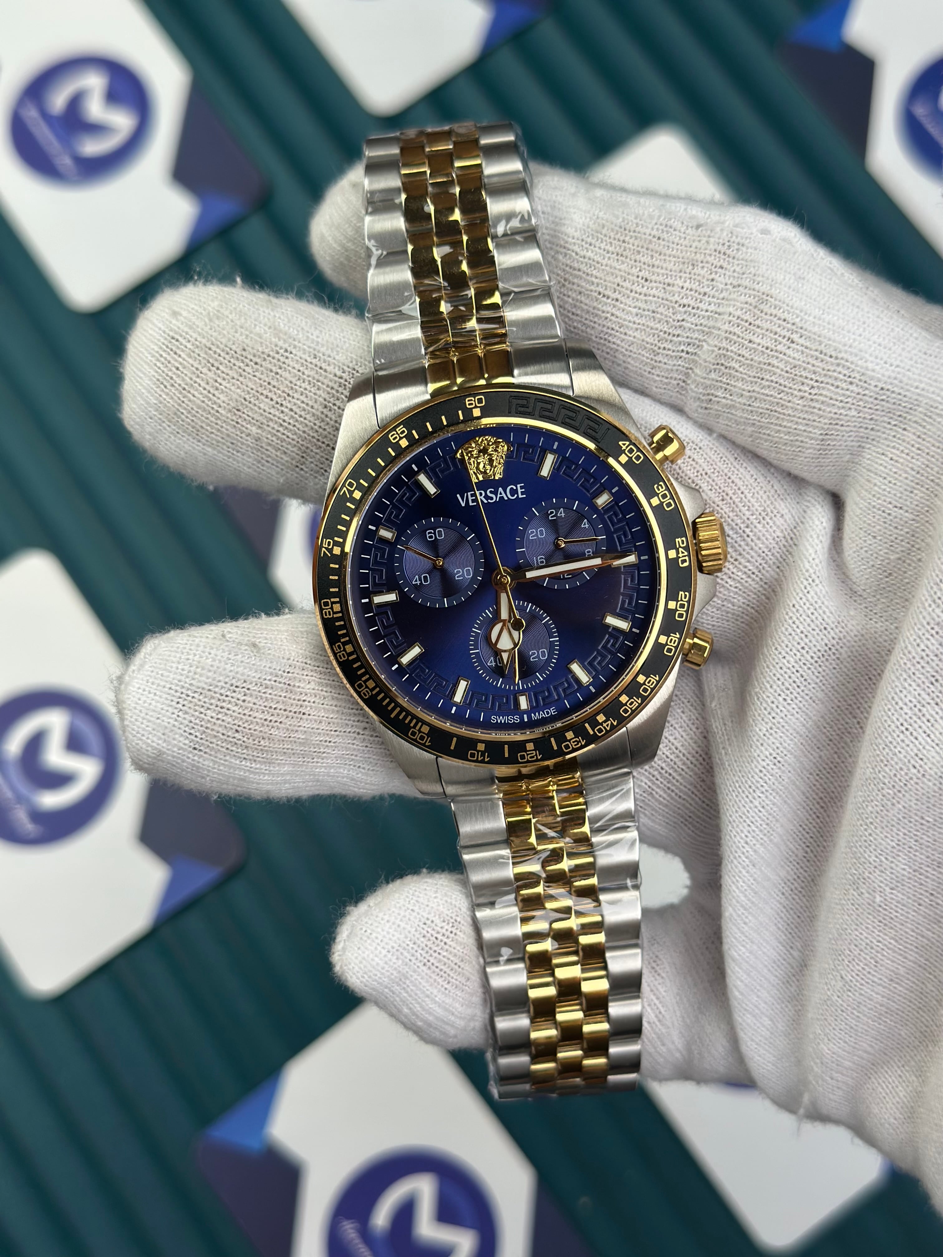 VERSACE NEW NAVY BLUE DIAL CHRONOGRAPH GOLD-SILVER JUBILE