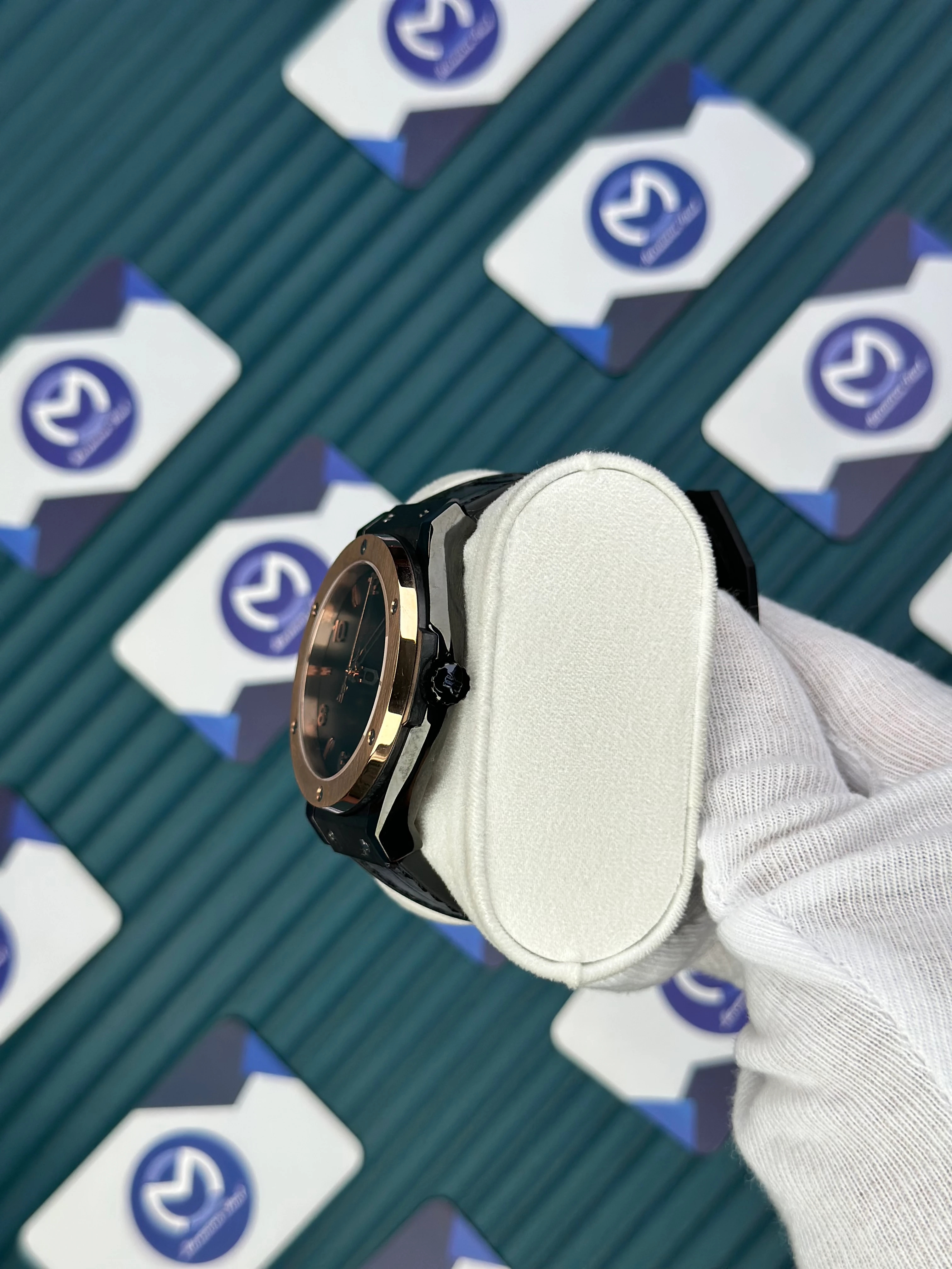 HUBLOT GENEVE AUTOMATIC VENDOME BLACK DIAL ROSE BEZEL BLACK CASE BLACK LEATHER CORD