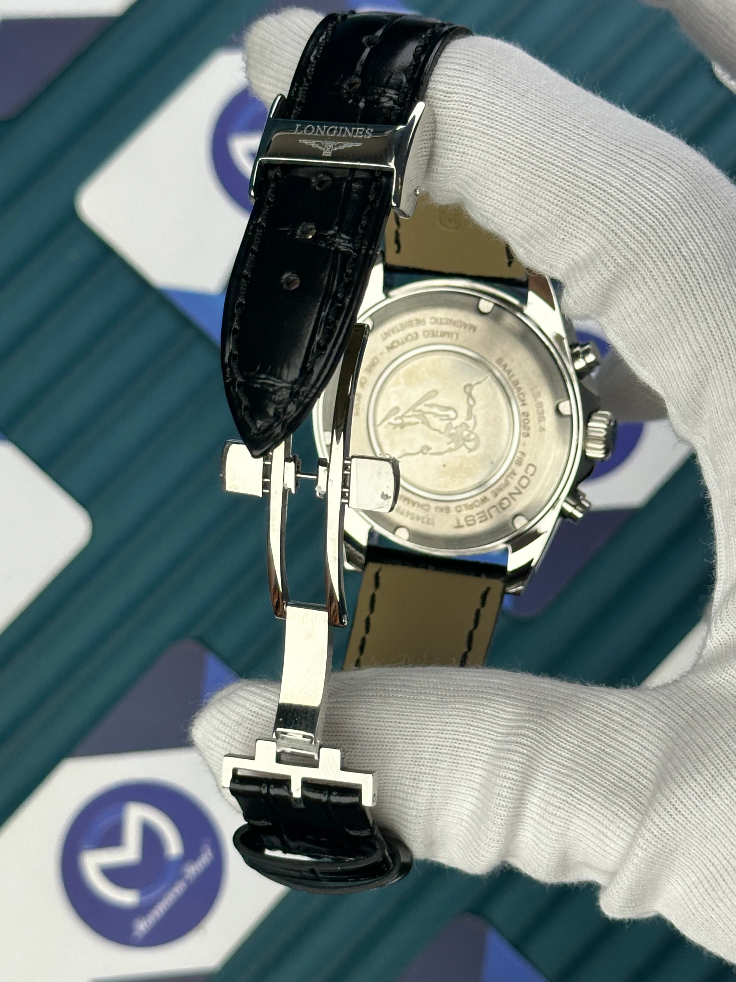 LONGINES CONQUEST CHRONOGRAPH AUTOMATIC GOLD REFLECTED DAYLIGHT DIAL BLACK LEATHER 