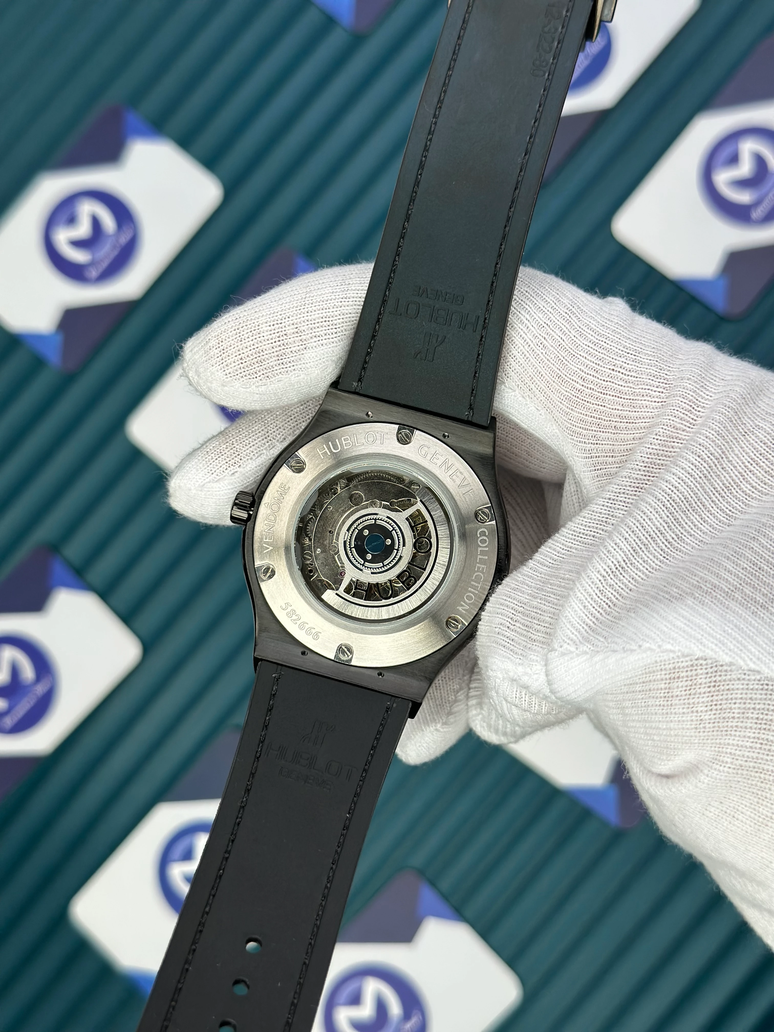 HUBLOT GENEVE AUTOMATIC GREEN DIAL ROSE BEZEL BLACK CASE GREEN LEATHER CORD