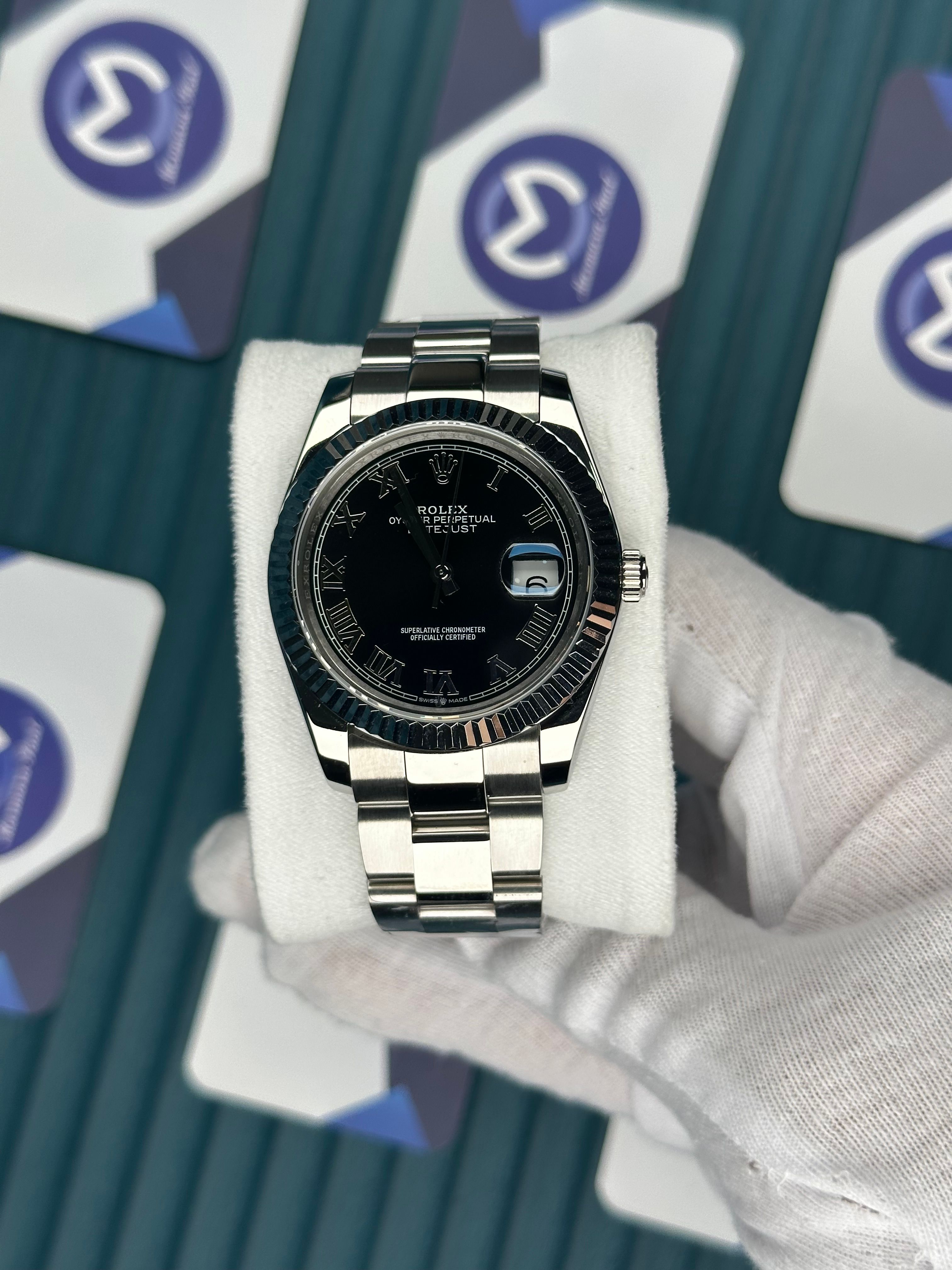 ROLEX DATEJUST BLACK DIAL ROMA INDEX SILVER OYSTER