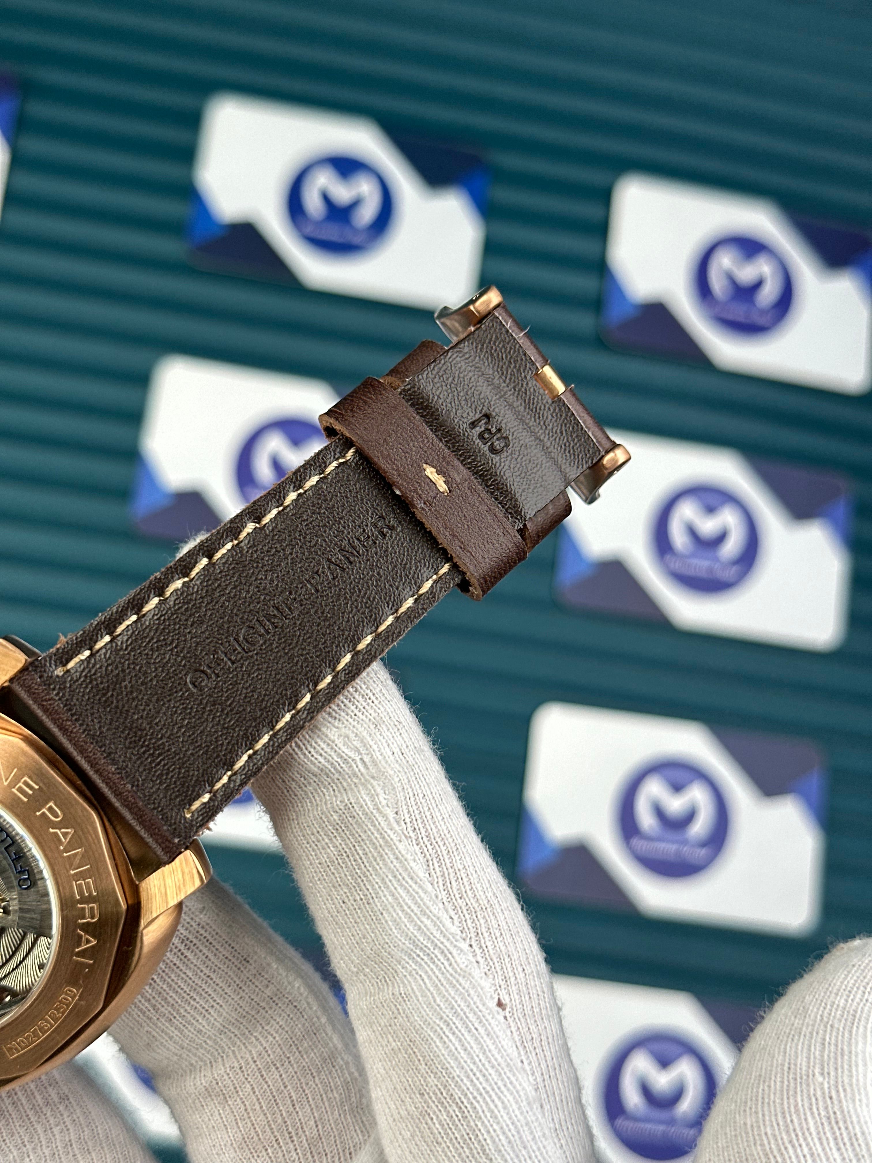 LUMINOR SUBMERSIBLE PANERAI BLUE DIAL ROSE CASE BROWN LEATHER CORD