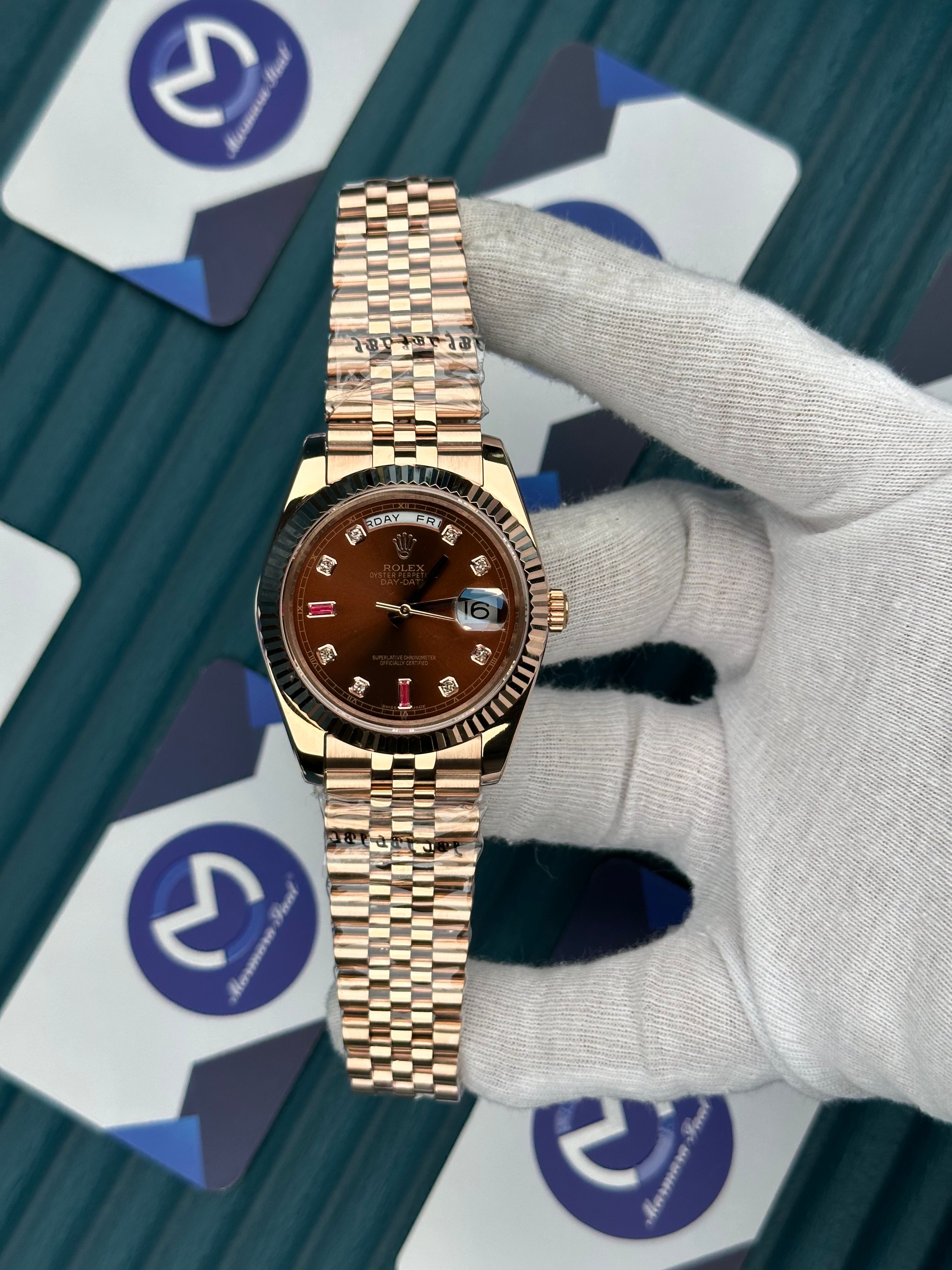 ROLEX DAY-DATE CHOCOLATE DIAL DIAMOND INDEX ROSE JUBILE