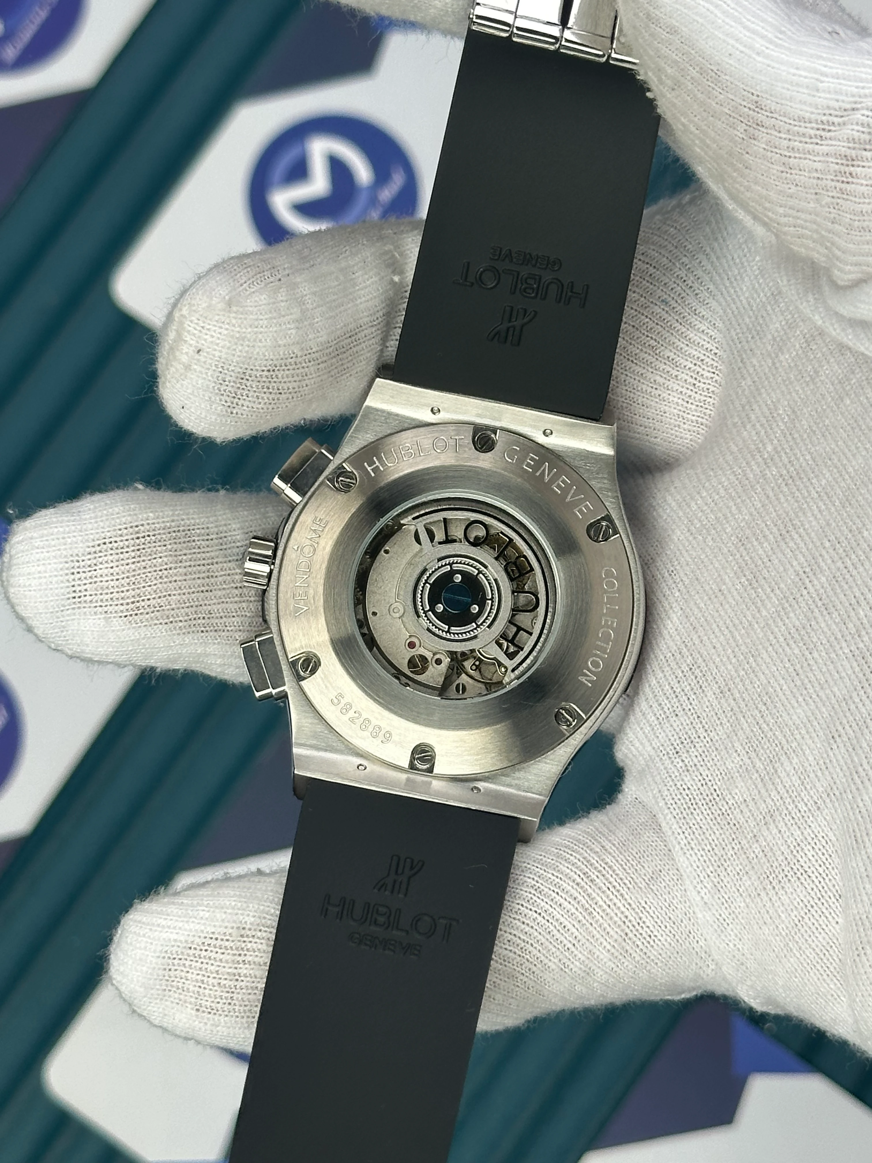 HUBLOT AUTOMATIC SKELETON DIAL DIAMOND BEZEL SILVER CASE BLACK RUBBER CORD 