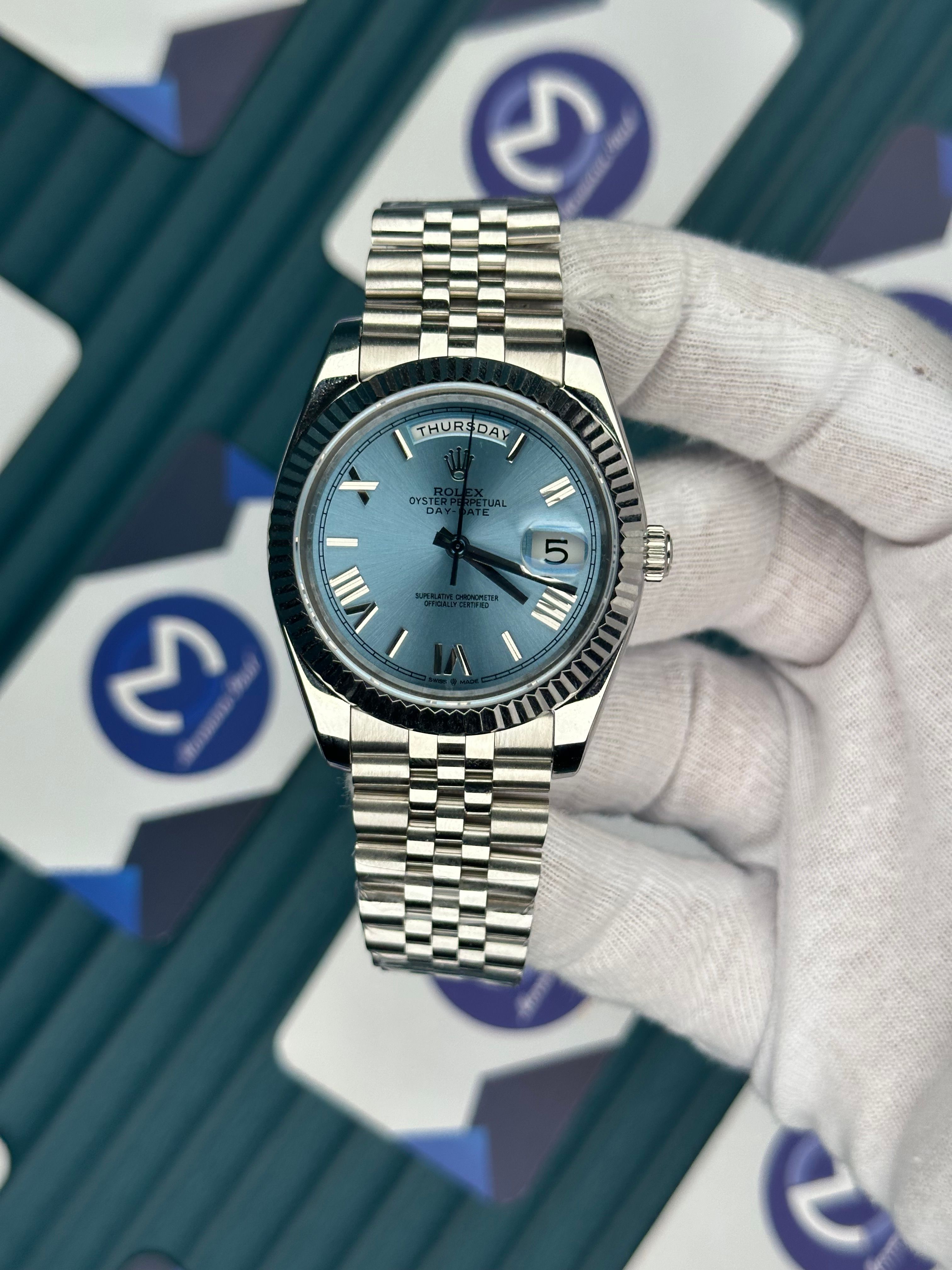 ROLEX DAYDATE ICE BLUE DIAL ROMA INDEX SILVER JUBILE