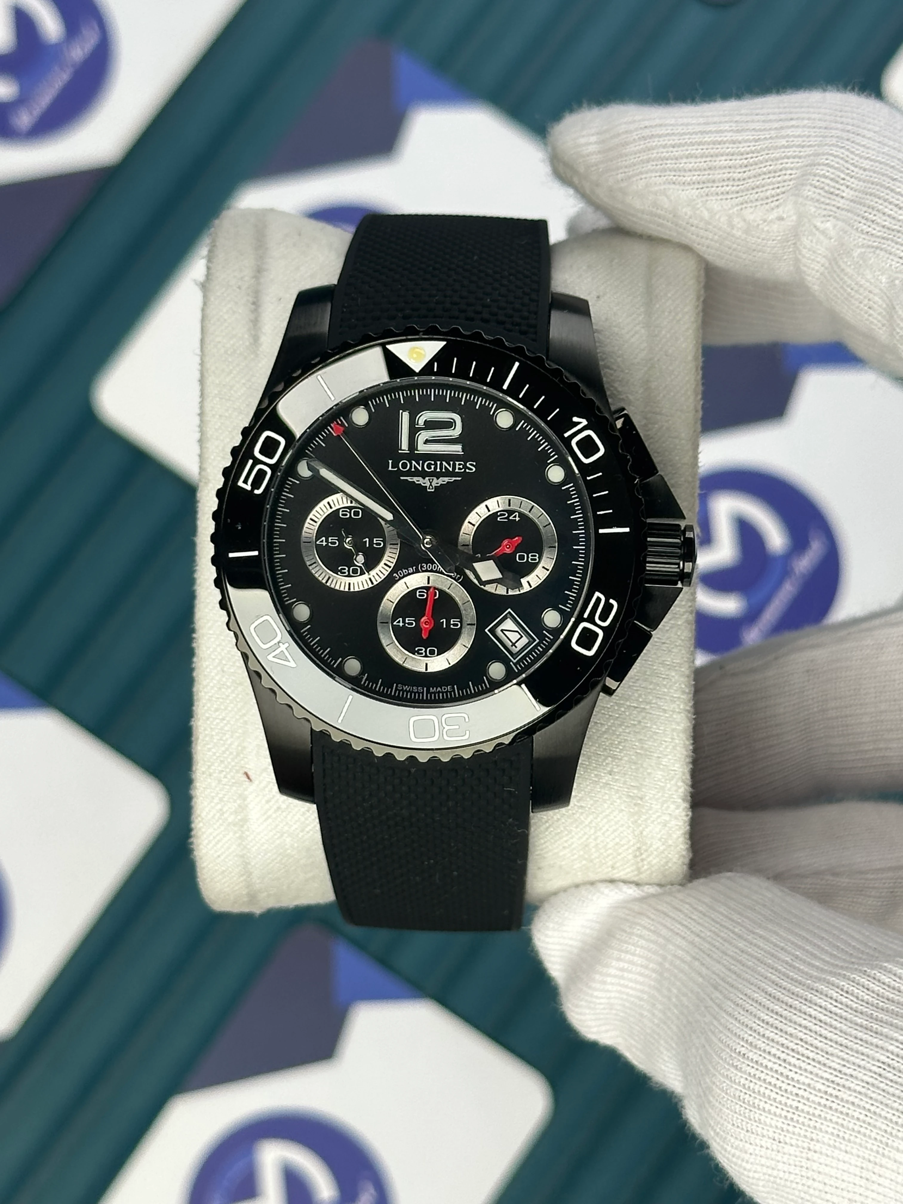 LONGINES HYDROCONQUEST AUTOMATIC BLACK DIAL CHRONOGRAPH BLACK RUBBER 