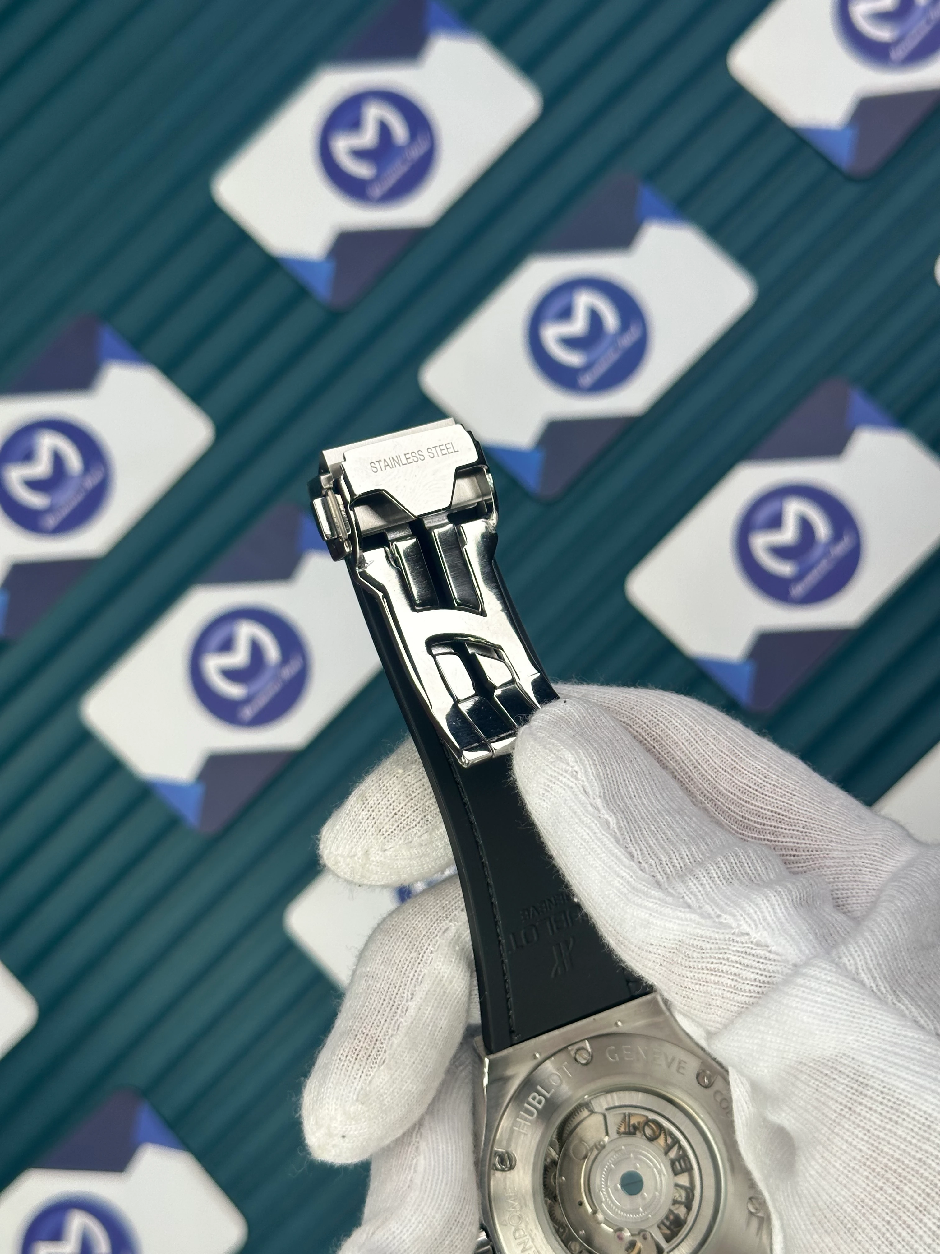 HUBLOT GENEVE AUTOMATIC GREEN DIAL GREY CASE GREEN LEATHER CORD 