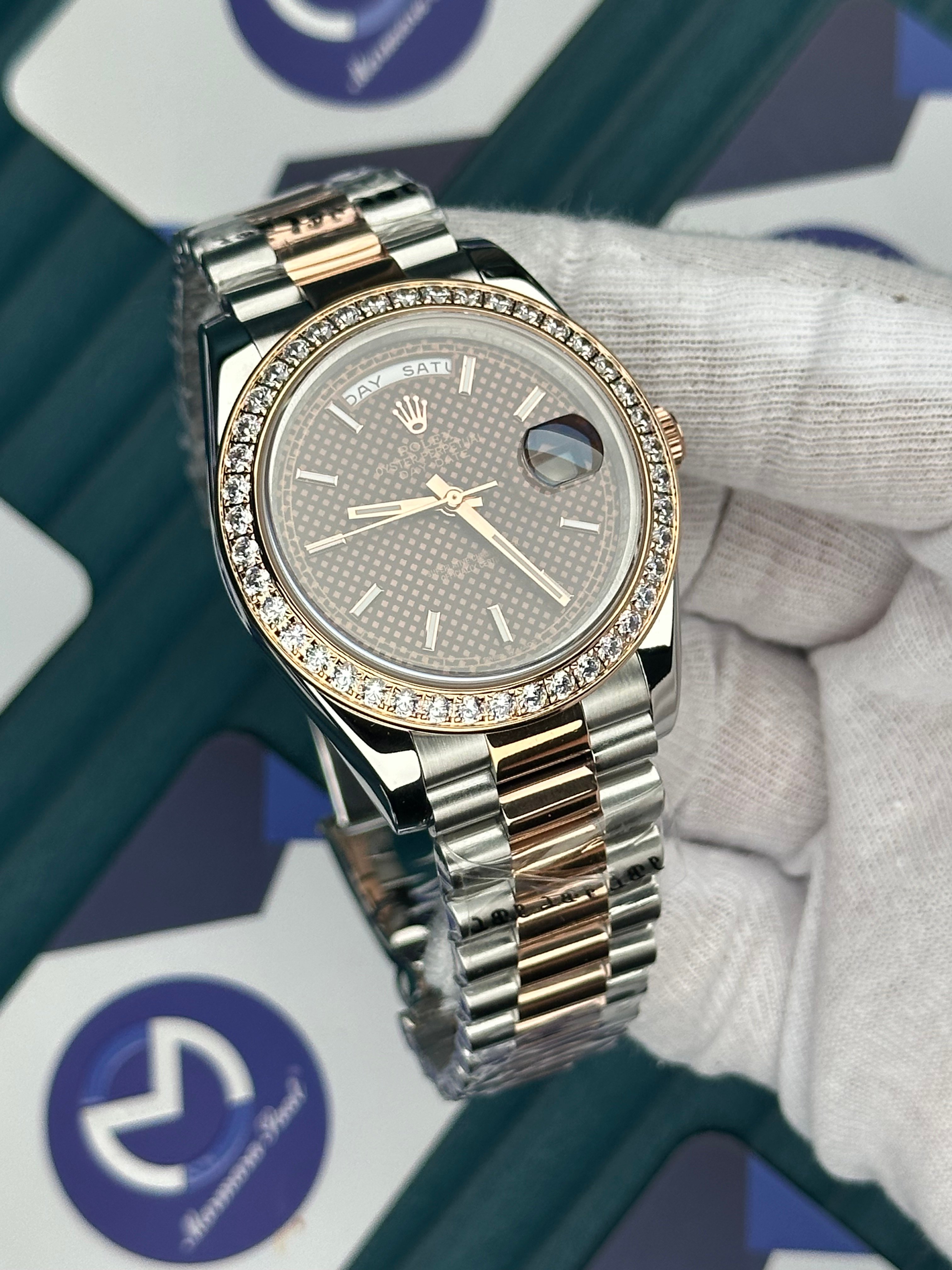 ROLEX DAY-DATE MOZAIK CHOCOLATE DIAMOND BEZEL ROSE--SILVER PRESIDENT